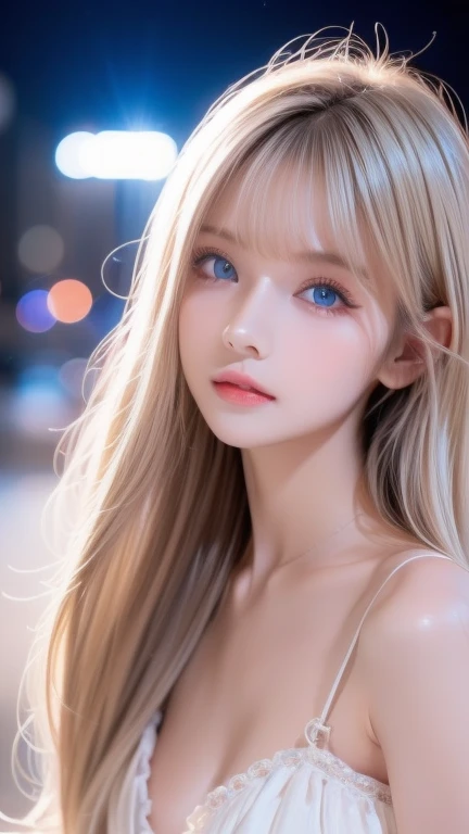 A beautiful girl in the world with a very beautiful baby face、 super long silky shiny bright natural platinum blonde hair、Long bangs in the center of the face、 cute sexy  、Very beautiful blonde hair with incredibly bright sky blue eyes、 Blonde above one eye 、 bangs between eyes、Very big eyes、Ample Bust、Very white skin、 glowing skin、Gloss Face、Cheek gloss、 eyeliner 、Small Face Beauty、A very beautiful white girl