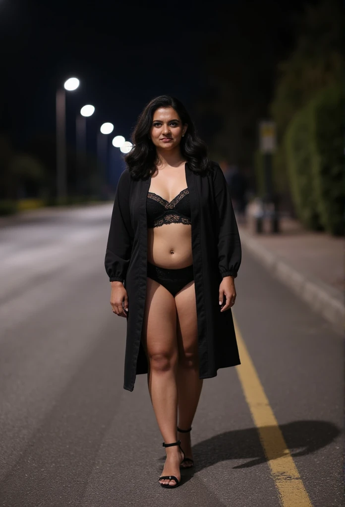 mature dusky curvy mature woman , age 30 older standing at Highway side in night time she wearing black lingerie and a black jacket Detailed eyes, Detailed pupil, Volumetric lighting, Ultra-detail, Unity 8k Wallpaper, Ultra-detail, Aesthetic, masutepiece, Best Quality, Photorealistic, facing camera, looking at camera undefined, undefined, full body Long shot photo showing her legs and heel's. 