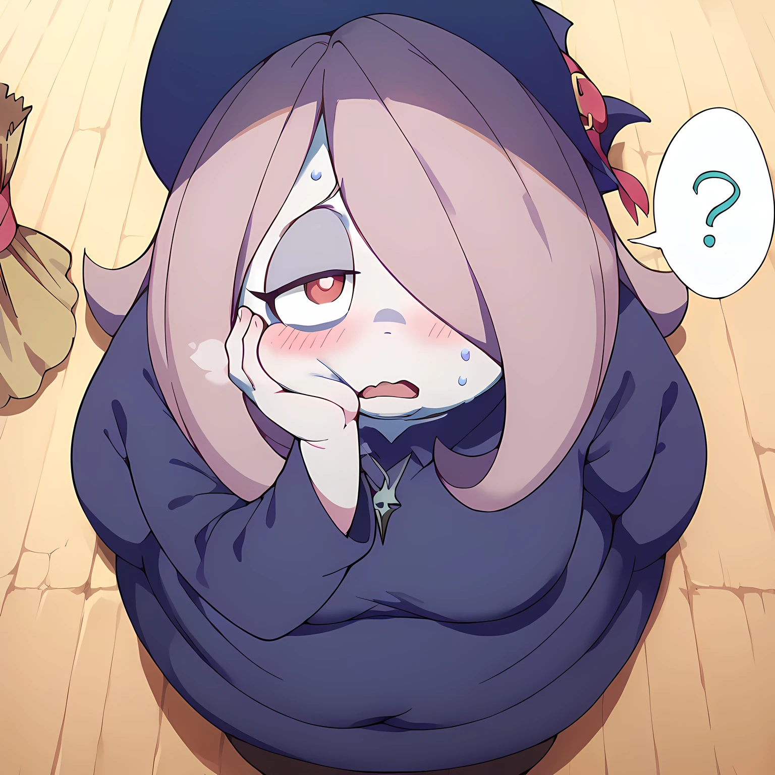 Sucy Manbavaran, solo, broom riding, witch, witch hat swollen face, fat, chubby, obese, open mouth, out of breath, absurdres, highres icon, rating:General, confused, blush, spoken question mark, {flustered}, nervous sweating, portrait, pov hands, hand on another's cheek, averting eyes, [looking away], straight-on, from above,  upper body, masterpiece, best quality, ultra-detailed, high resolution, 8K, absurdres, highres icon,