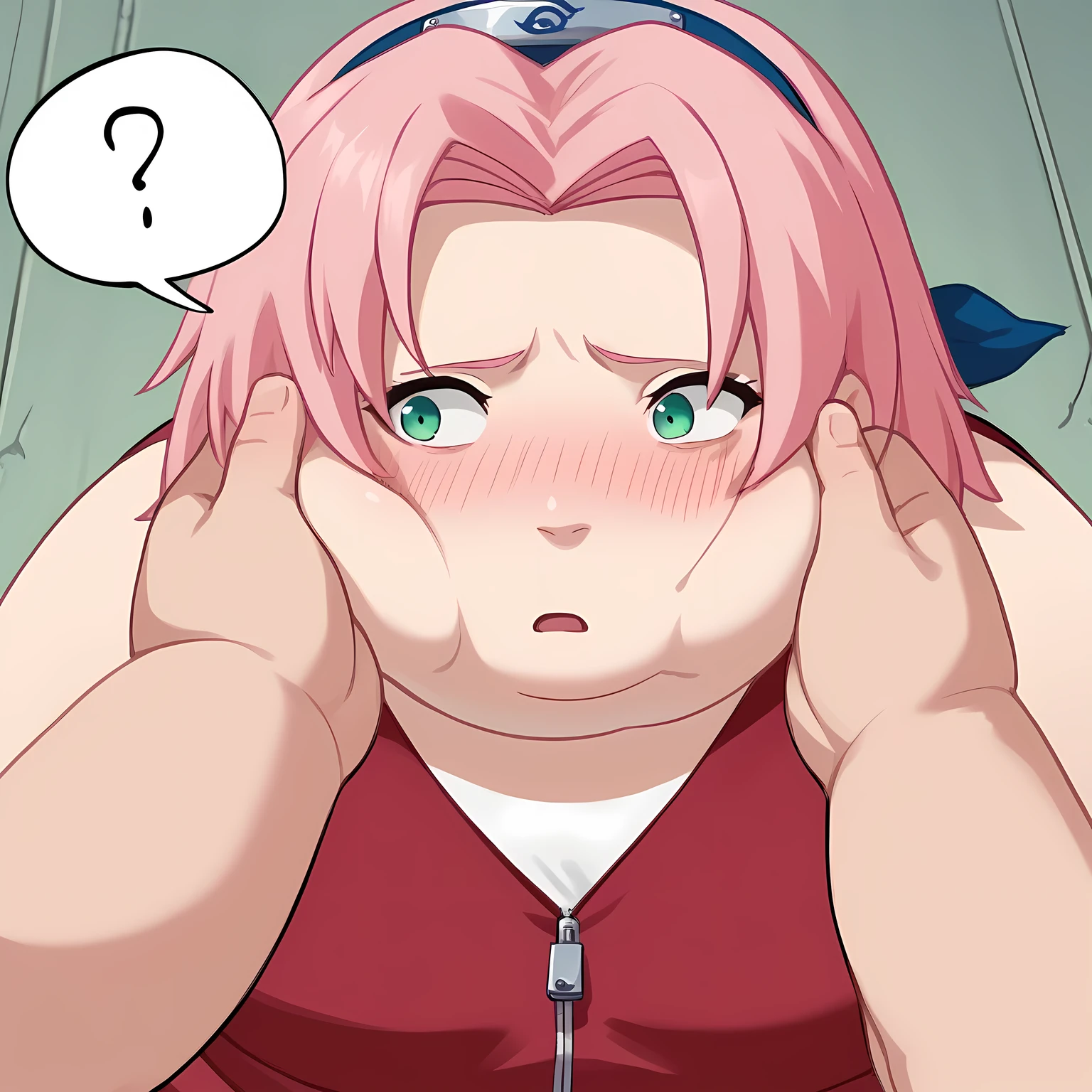 sakura haruno, medium hair, green eyes, pink hair, parted bangs,
dress, bare shoulders, collarbone, sleeveless, sleeveless dress, zipper, zipper pull tab, forehead protector, swollen face, fat, chubby, obese, open mouth, out of breath, absurdres, highres icon, rating:General, confused, blush, spoken question mark, {flustered}, nervous sweating, portrait, pov hands, hand on another's cheek, averting eyes, [looking away], straight-on, from above,  upper body, masterpiece, best quality, ultra-detailed, high resolution, 8K, absurdres, highres icon,