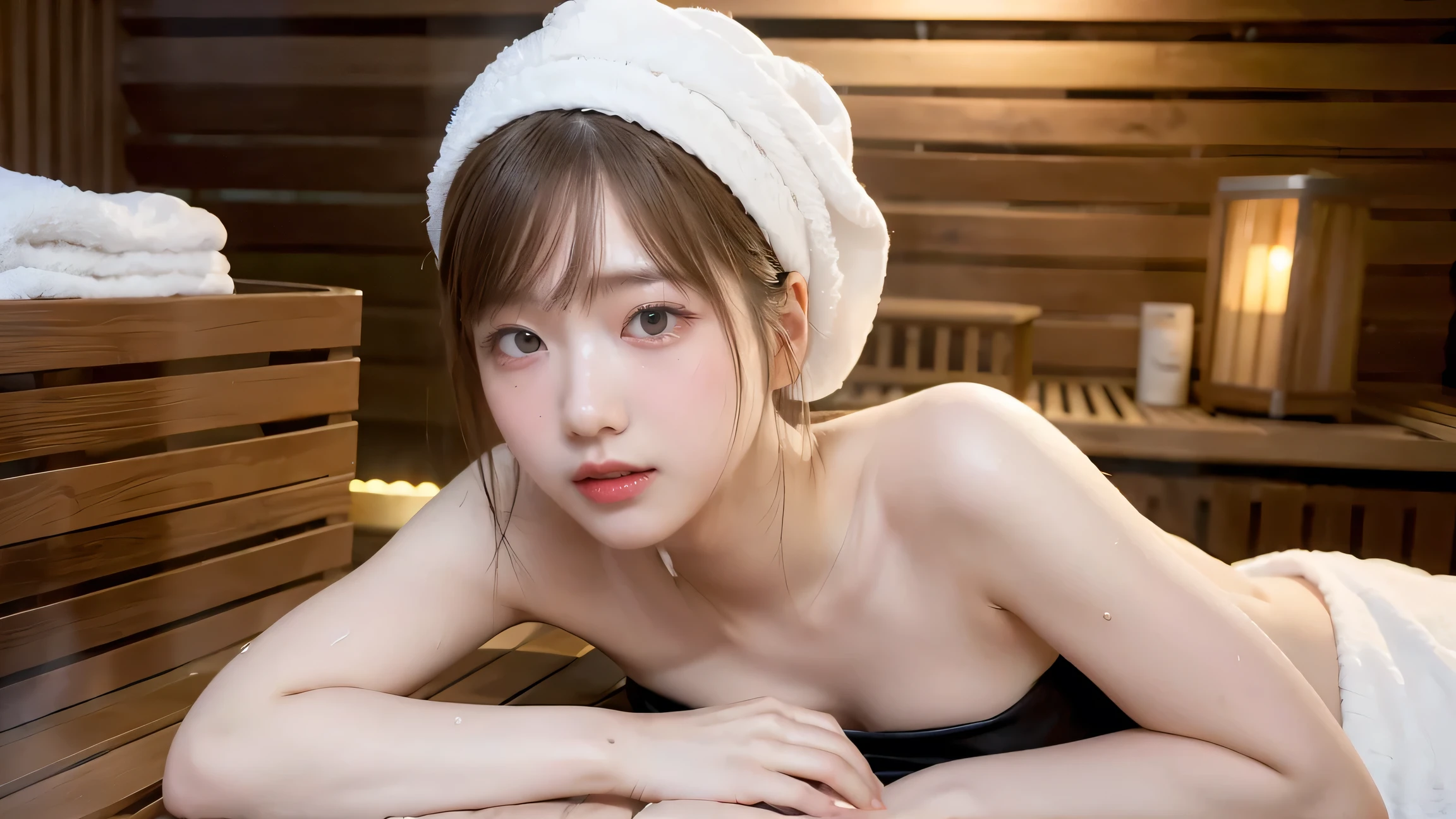  1 girl, Alone, (  Masterpiece ,  best quality, 8k,,photorealistic, Real Girls, mulberry:1.37),   looks up at viewers , 1. Elegant Japan,  slender body type: 1.1,  small breasts,  sitting, sauna,  double eyelids, Droopy eyes, Black-haired, (Sweaty face, Sweaty body: 1.2): 0.2, ( white oversized towel dress,  Strapless), ( size is small, White towel turban: 1.1),,  realistic body , compensate, Gloss Slip,  focus on the face, Small face,  sharp concentration,  layered cut ,  facing the viewer , The sauna has the following..,  frontal shot 