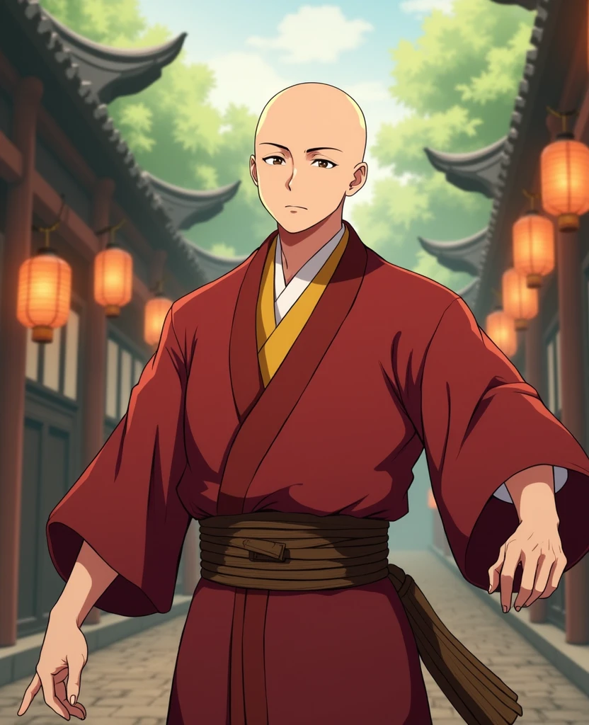 Anime images, Bald young man , โปรดสร้างAnime imagesของพระสงฆ์เสาหลินหัวโล้นรูปร่างสูงใหญ่หน้าตาหล่อมากวัยรุ่นอายุ 20 ปีที่มีร่างกายแข็งแกร่งและมีกล้ามยืนอยู่ , . Wear a kind of monk jiu. Ancient red and gold tones . The priest should be in the posture of fighting, ,  , however,  ,  . x} The environment around the monastery may have been an ancient temple with hanging paper lanterns and greenery.. . The soft lighting of the light will add tranquility to the scene . , the picture should convey a sense of balance. , , serenity and convergence of opposites , ฉันต้องการAnime images