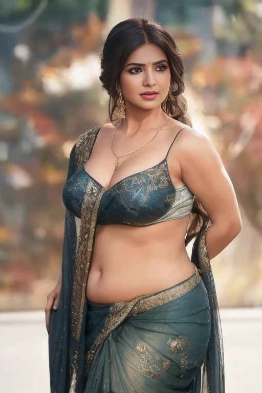 daytime view, close up shot of samantha from top view, wearing  onlysaree,no bra no blouse, standing,, sideboob reveal,reveal her side boobs,side boob visible,looking to camera, big and curvy cheeks, hourglass figure, sexy navel, deep cleavage,swooping breasts, ponytail, necklace, (cinematic:1.3), intricate details , (ArtStation:1.2)rendom nudity