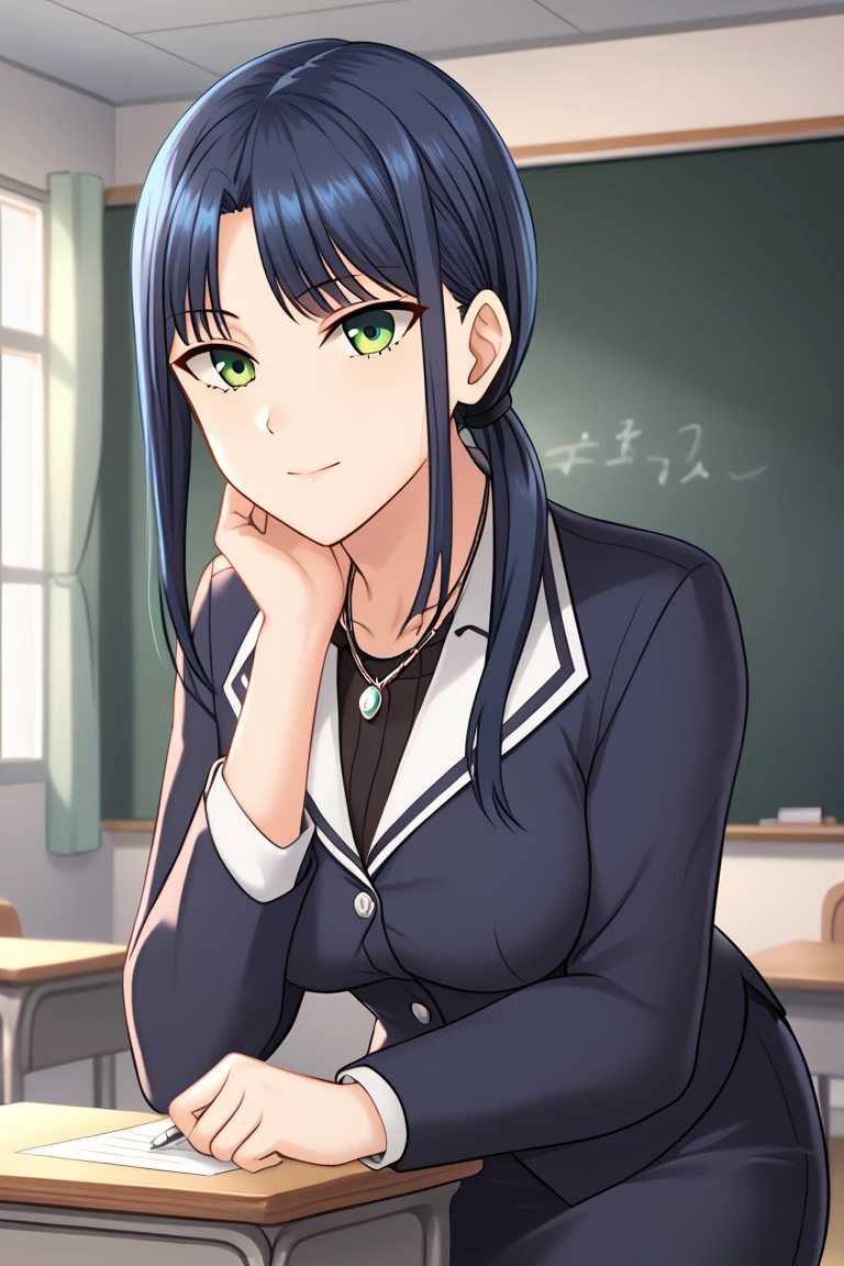  adult woman,26 years old,School teacher, long hair,  hair hanging over shoulders , Low Ponytail ,Diagonal bangs, Blue Hair, green eyes, opens your eyes , smiles, closes her mouth,clavicle, silver necklace ,Dark blue jacket,Black striped shirt, dark blue pencil skirt , thigh-length black floral stockings, background empty classroom,Character portrait,solo,  anatomically correct ,  high definition , accurate, 最 High Quality ,  high detail,  HD Model,  High Quality ,  Ultra High Definition,  textured skin,  8k octane, 