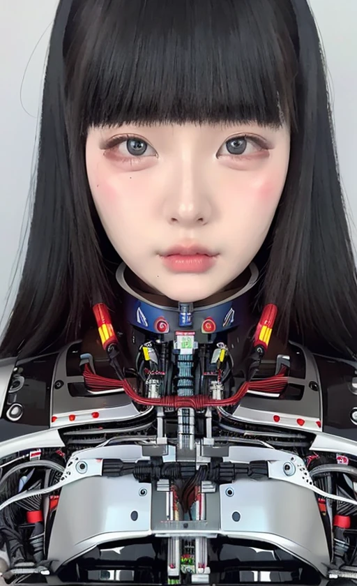 masterpiece, best quality, extremely detailed,portrait,front view,Japaese android girl,Plump, control panels,android,Droid,Mechanical Hand, Robot arms and legs,Blunt bangs,long tube,thick cable connected her neck