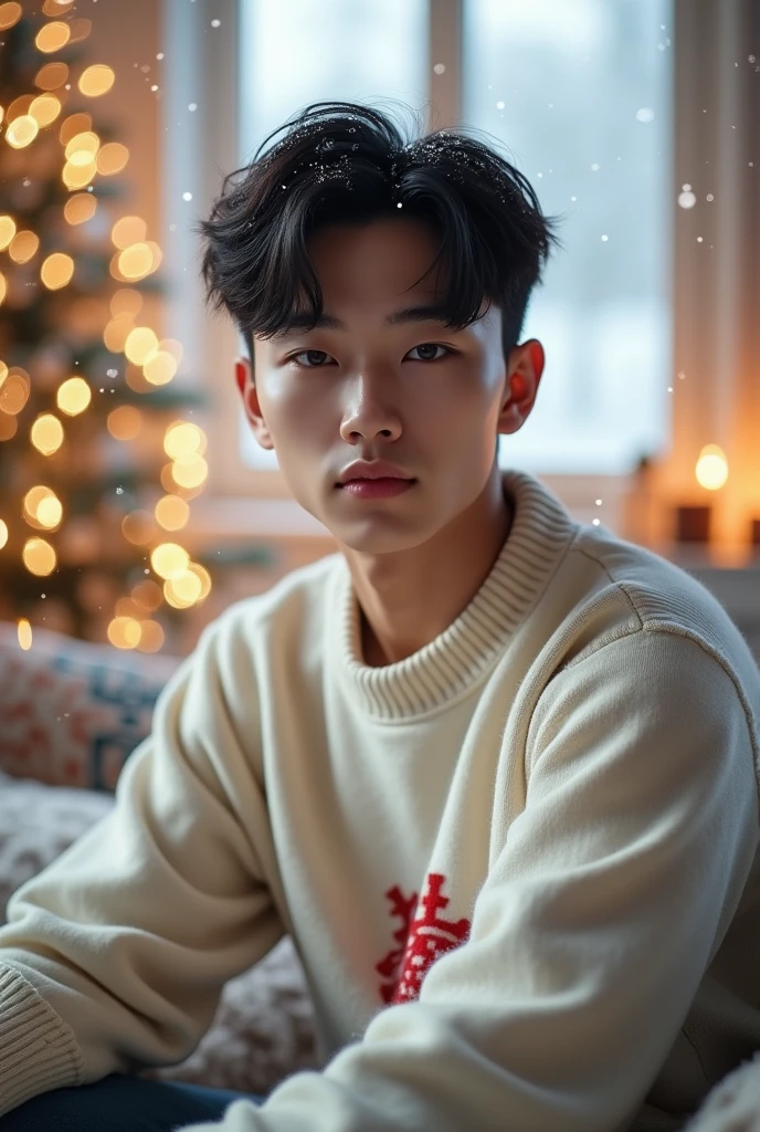 photorealism: 1.2), Handsome man, eropa + korean man ,face young man,face shape v,sitting in the living room, snowy atmosphere snow, beautiful eyebrows,small sharp nose, sweet peach lips, wearing a Christmas sweater simpel white small red desain,French crop hair ,hair color black,use , white walled room, bright cool lighting, Christmas tree plant, skin body white, warm pose, realistic and detailed Christmas atmosphere, colorful Christmas,the photo neck says Betmen name