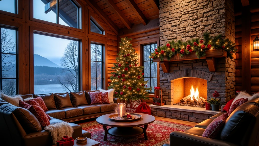 from below, angle shot,  a giant living room interior inside wooden house  with a Christmas theme.
  The room features a large fireplace with a crackling fire, decorated with a garland of green leaves, red roses, and fairy lights. A beautifully lit Christmas tree with ornaments stands in the center of the room. Warm string lights are draped across a vaulted wooden ceiling.

There is an armchair by the fireplace An inviting, plush armchair with soft white fur draped over it. A decorative red and white patterned pillow rests on the seat, enhancing comfort and aesthetics.

  An L-shaped brown  sofa, draped with plush pillows and a soft blanket, creates a relaxing seating area. A round wooden coffee table in front holds and a steaming cup of cocoa. Nearby, a red sack filled with wrapped gifts rests against the sofa, resembling Santa's bag.


The scenery outside shows dark night a full moon over misty mountains and a tranquil river, bathed in a soft, blue glow. The interior includes a large, comfortable L-shaped sofa with plush cushions, a round black coffee table with candles, and a fluffy white rug. The overall atmosphere is warm, festive, and inviting, with soft ambient lighting."

**Additional Details:**  
- Color scheme: Warm tones inside (wood, red, and gold), cool blues outside.  
- Lighting: Soft, ambient, warm glow inside; moonlight reflecting outside.  
- Textures: Soft fabrics, polished wood, stone fireplace.  