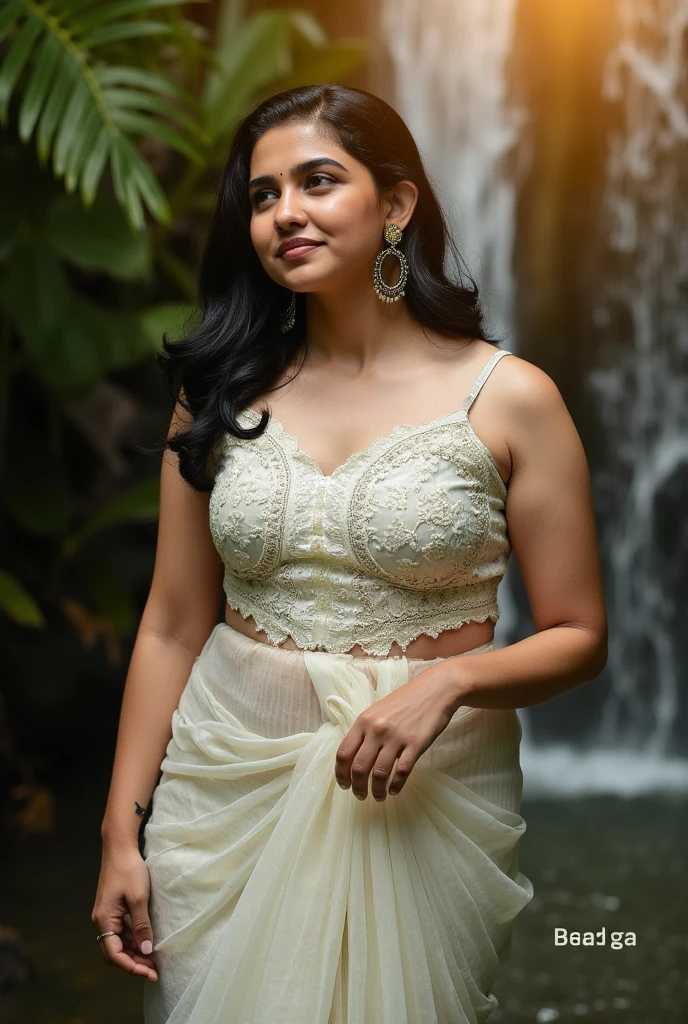 young thick woman with mature saggy breasts, a thin wet white saree wrapped around her body, bathing in a beautiful waterfall in the rainforest at golden hour, cinematic soft focus,
