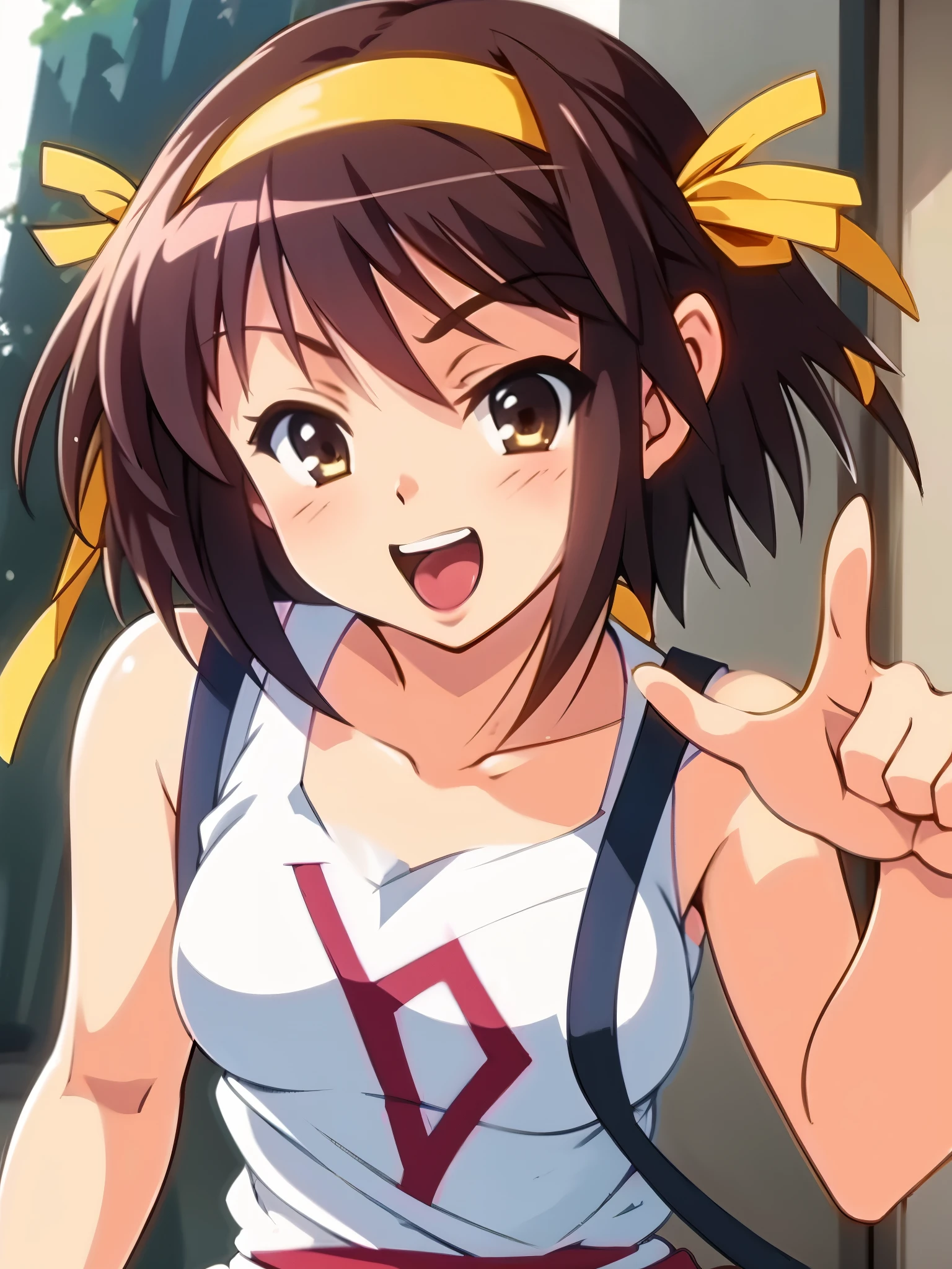 outdoor, in city, anime style, wearing white tank top on red line, most focus face, close one eye, put your finger near the corner of the eye, stick out your tongue with a smile, from side, anime style, 8k, masterpiece, ultra high res, yellow headband,