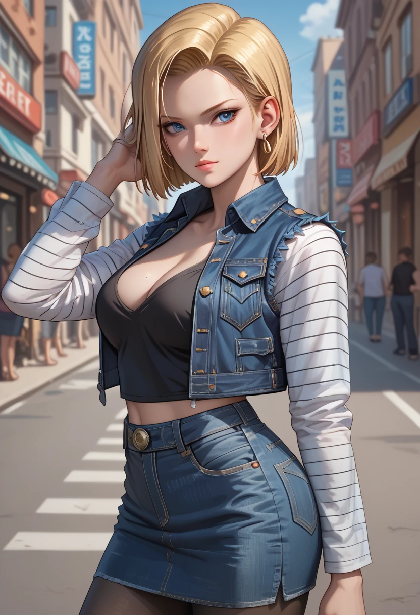 best quality, highres, and18, 1girl, android 18, solo, blonde hair, blue eyes, short hair, earrings, jewelry, denim vest, open vest, black pantyhose, black shirt, denim skirt, striped long sleeves, blue skirt, large breasts, cowboy shot, street,