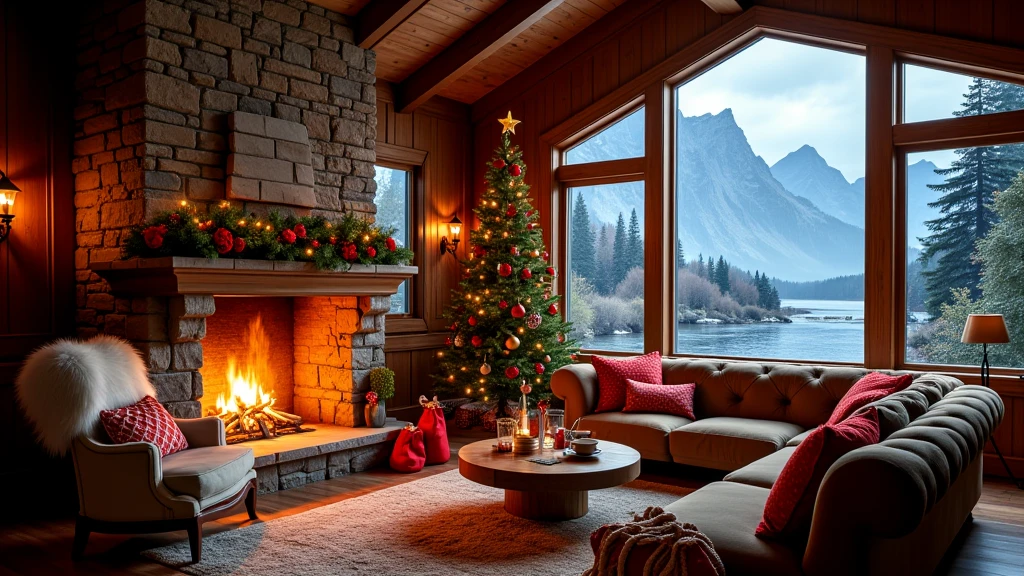 from below, angle shot,  a giant living room interior inside wooden house  with a Christmas theme.
  The room features a large fireplace with a crackling fire, decorated with a garland of green leaves, red roses, and fairy lights. A beautifully lit Christmas tree with ornaments stands in the center of the room. Warm string lights are draped across a vaulted wooden ceiling.

There is an armchair by the fireplace An inviting, plush armchair with soft white fur draped over it. A decorative red and white patterned pillow rests on the seat, enhancing comfort and aesthetics.

  An L-shaped brown  sofa, draped with plush pillows and a soft blanket, creates a relaxing seating area. A round wooden coffee table in front holds and a steaming cup of cocoa. Nearby, a red sack filled with wrapped gifts rests against the sofa, resembling Santa's bag.


The scenery outside shows dark night a full moon over misty mountains and a tranquil river, bathed in a soft, blue glow. The interior includes a large, comfortable L-shaped sofa with plush cushions, a round black coffee table with candles, and a fluffy white rug. The overall atmosphere is warm, festive, and inviting, with soft ambient lighting."

**Additional Details:**  
- Color scheme: Warm tones inside (wood, red, and gold), cool blues outside.  
- Lighting: Soft, ambient, warm glow inside; moonlight reflecting outside.  
- Textures: Soft fabrics, polished wood, stone fireplace.  