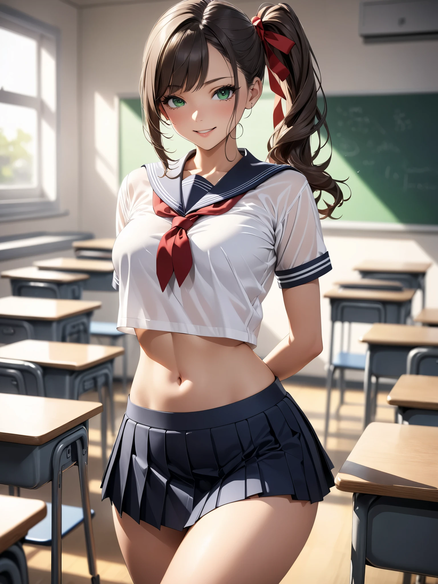 (8K、RAWE Photo、highest quality、masterpiece:1.2)、(real、photorealistic:1.37)、1 beautiful Japan schoolgirl、small face:1.2、perfect body、18-year-old、Sexy uniform、large breasts:1.8、(((breasts aport:1.8, Long milk:1.8, saggy breasts:1.8、underboob、Are thin)))、underboob、oily skin:1.5、thin、 (Sexy uniform with a slight view of the underside of the chest)、((目に見えるunderboob、Uniform with visible ribs and belly button))、Super miniskirt visible、((look at the audience))、Very blush、Smile、