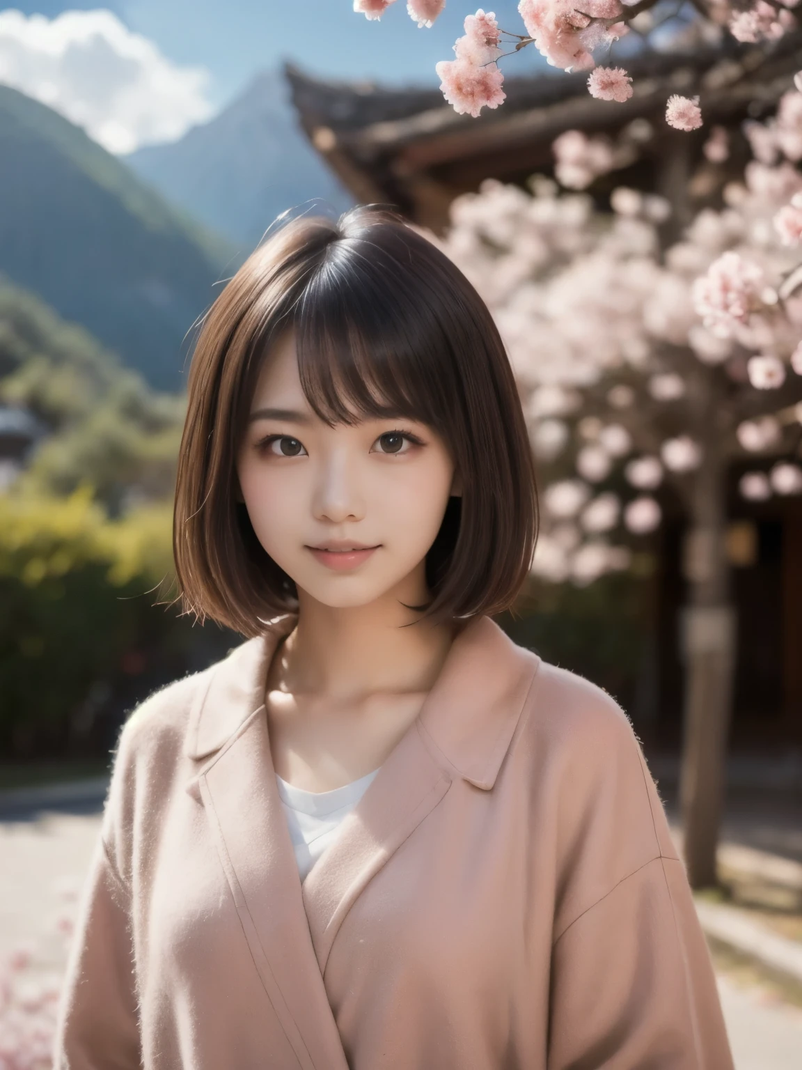 (best quality, masterpiece),(1girl, miko, coat, expression face, black eyes, looking at front ,black hair, walking, upper body), (night strray sky, huge old tree behind, falling glowing pink petals behind, shrine behind, mountain background, blowing wind, meteoric cloud)
