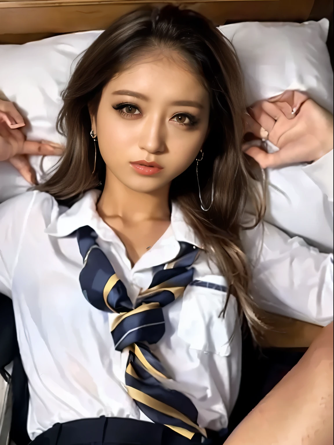 1 girl、(Lying down、Japanese girl showing off her panties:1.1)、((Sleep on your back:1.4))、Lips parted、Expression lines、Wet Panties、Small panties、Realistic、((school uniform:1.4))、tights、skirt、Realistic skin texture、Realistic、(Upskirt、skirtめくり)、highest quality、masterpiece:1.3、Ultra-high resolution、View from below:1.9、Crotch close-up,Embarrassed look、((Spread your legs:1))、((Look Viewer:1.4))、The most beautiful girl in the world、Bold Pose、