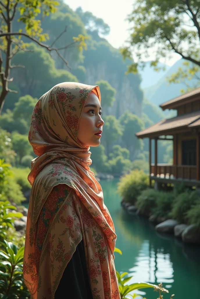malay hijab ,wearing kimono,hold wood umbrella,suasana perdesaan di indonesia,waktu senja,