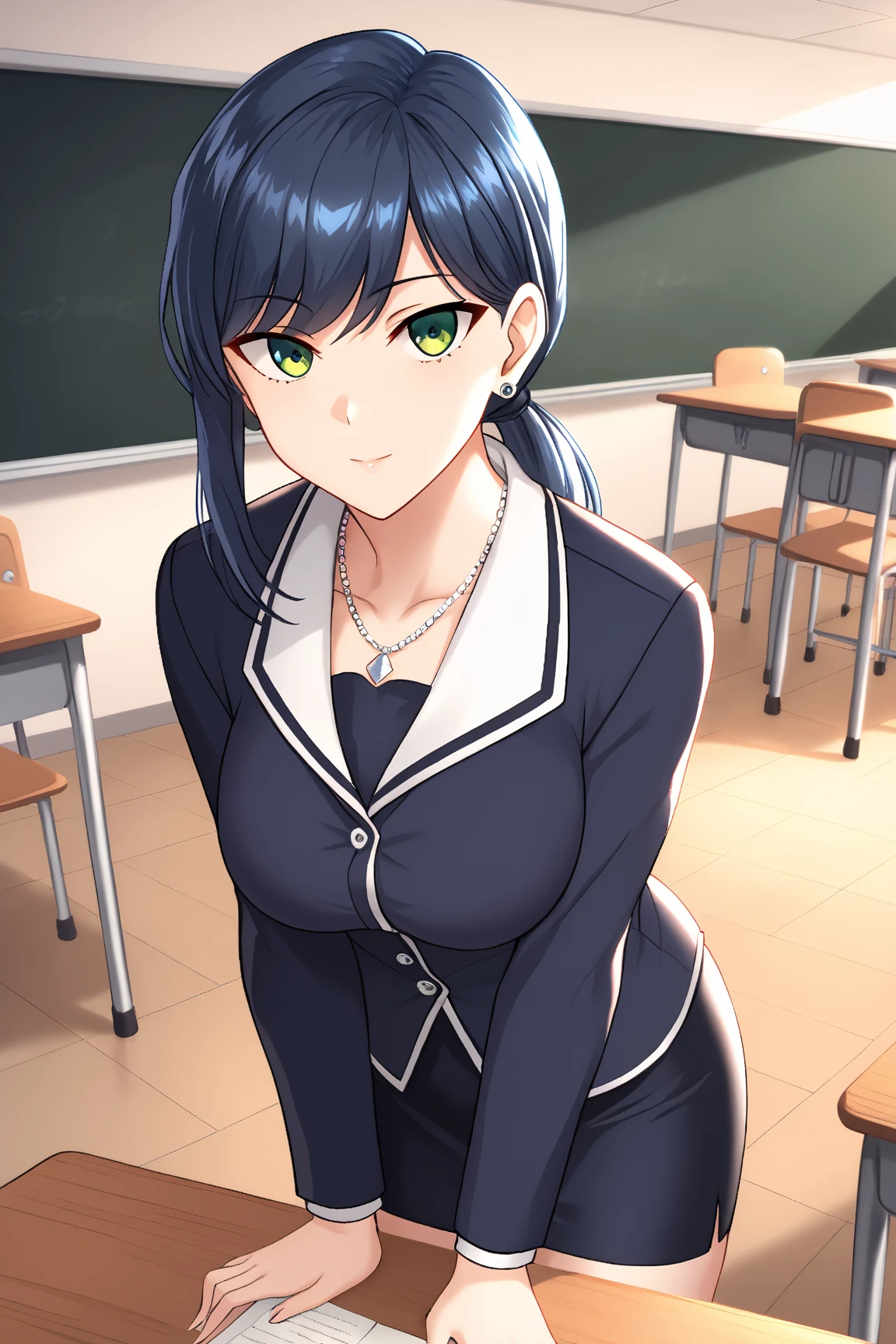  adult woman,26 years old,School teacher, long hair,  hair hanging over shoulders , Low Ponytail ,Diagonal bangs, Blue Hair, green eyes, opens your eyes , smiles, closes her mouth,Silver earrings,clavicle, silver necklace ,Dark blue jacket,Black striped shirt, dark blue pencil skirt , thigh-length black floral stockings, background empty classroom,Character portrait,solo,  anatomically correct ,  high definition , accurate, 最 High Quality ,  high detail,  HD Model,  High Quality ,  Ultra High Definition,  textured skin,  8k octane, 