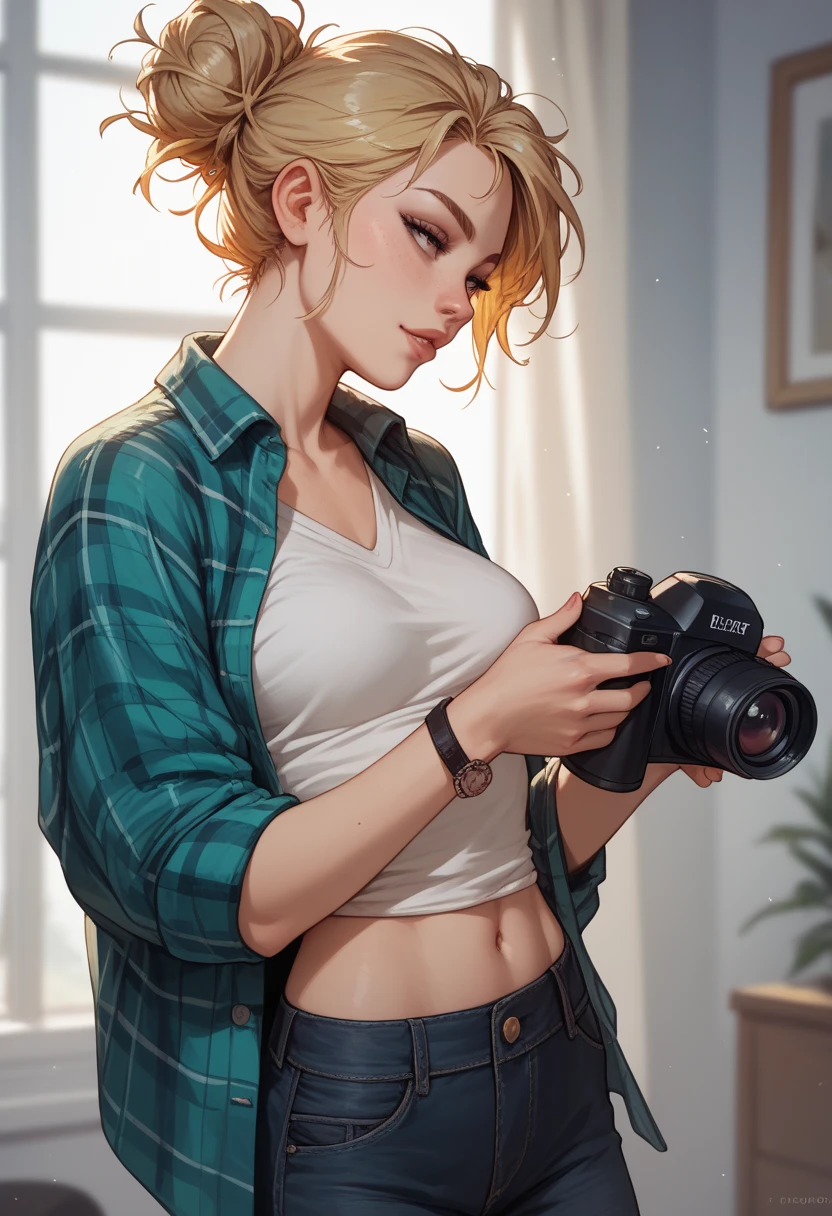 focused photographer with long, messy blonde hair tied in a bun, wearing a casual flannel shirt and carrying a camera strap over her shoulder, medium breasts, waist-up, 