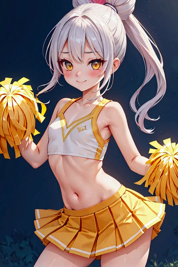 {small breasts,flat chest}(bulge:1.8, covered glans penis, Penis visible through underwearra) (bottom lesss)(cheer,colorful cheerleading outfit ,yellow and white topknot, pleated miniskirt),all fours, smile,ponytail ,a female, Square face, healthy skin,double eyelid,pointy nose,full body,HD background,beautiful facebest quality, ultra detailed, high resolution,8k, extremely detailed CG,super fine illustration