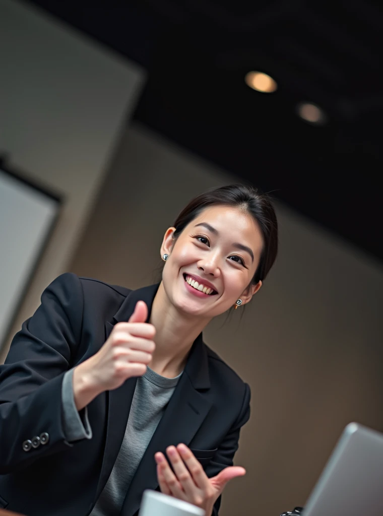 Raise your hand,Spread your legs,(((Inside the company)))、Wearing a business jacket,Wear a shirt,look at the camera with a smile、(Panties:1.5)、woman, 20-year-old, Short Hair,私のPantiesを露出させてください...、(レースのPantiesー)、(Tilt your head a little)、Detailed skin、Detailed skin、Detailed Sweat