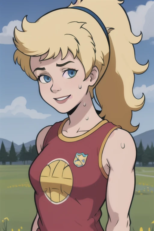 masterpiece, best quality, 1girl, linka, blonde hair, ponytail, blue eyes, upper body, looking at viewer, smile, solo, meadow background, gym outfit, sweaty, breath