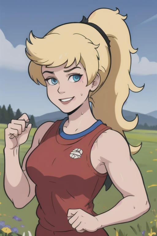 masterpiece, best quality, 1girl, linka, blonde hair, ponytail, blue eyes, upper body, looking at viewer, smile, solo, meadow background, gym outfit, sweaty, breath