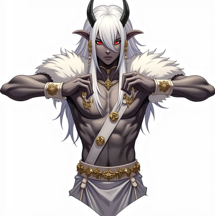 "Stunningly detailed anime sketch of a solo ((tall)) ((muscular)) ((dark-skinned)) greek male. He exudes maturity and has vibrant wild white hair and deep crimson eyes. Dressed in revealing greek fantasy clothing, including a chains around his arms."