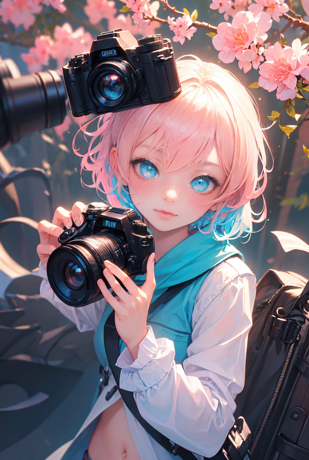 1lady,cute,(((pink short hair,blue eyes))),
she is taking a photo,photograph,hold a camera,
outdoor,sunny,sunshine,