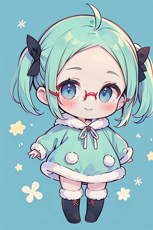 , smiles, (Very small breasts), (deep blue eyes), (Pale green hair, Short hair, forehead, Small pigtails), (red-half-rimed glasses), winter costume with fluff, Warm, fur, Ribboned, knit sweater-in-dress, ribbon tie, Zettai-ryoiki, colorful tights, fur boots, full body Esbian, ​masterpiece, Ultra Quality。