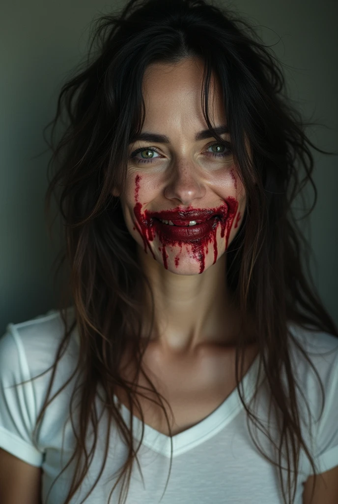 Woman 1.58 meters, big eyes wide open, Lost look, exaggerated smile, fake smile, teeth visible, crazy face, Great cleavage, by rubio, licking his lip, blood stains on the face