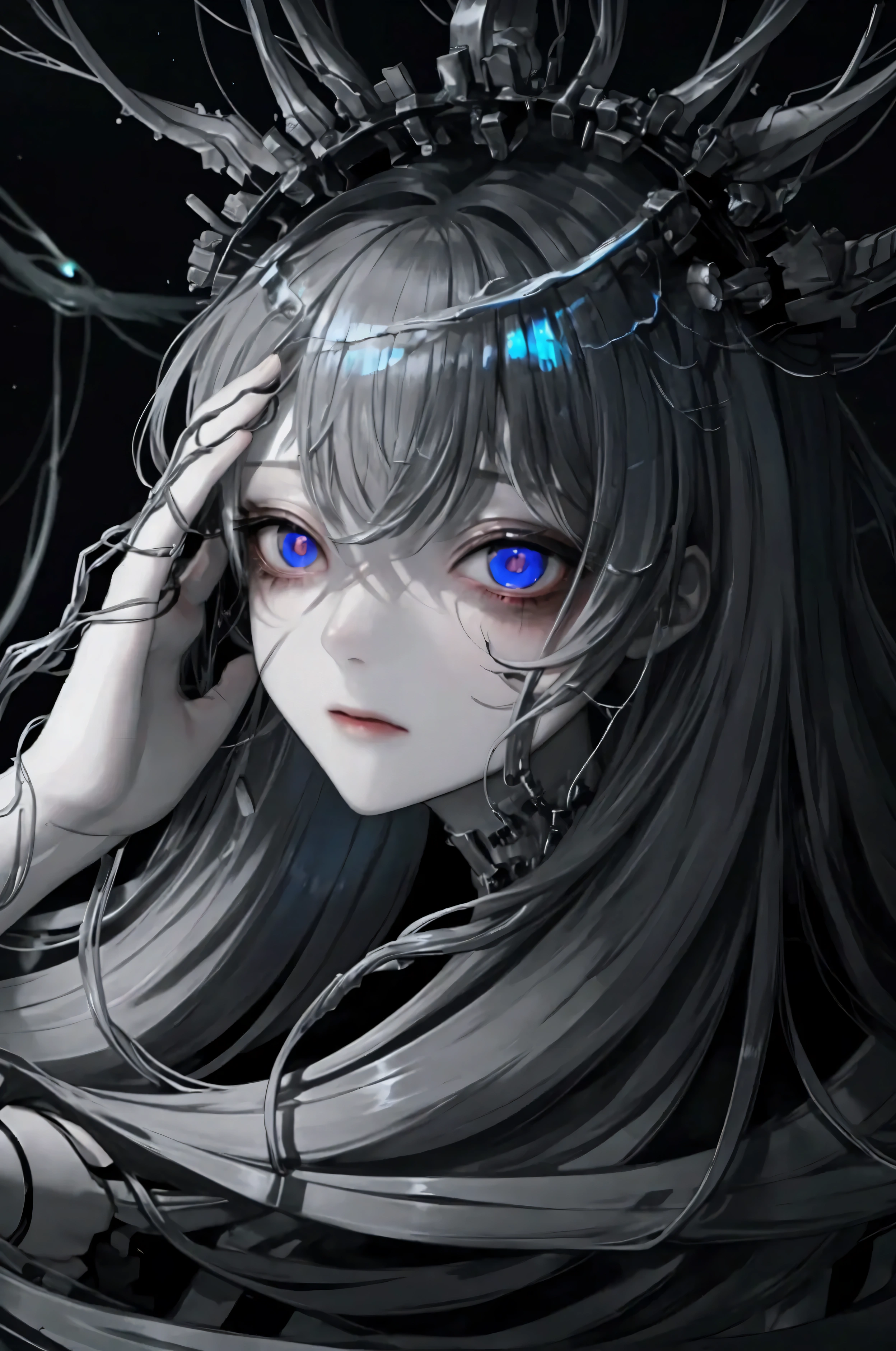 illustration, best quality, highly detailed, dark and surreal atmosphere, 1girl, trapped in a glass cage, outstretched hand pressing against the glass, long disheveled hair, cold and distant expression, glowing neural patterns on her temples, mechanical wires and circuits attached to her head, fractured glowing symbols, shadowy figure in the background, dim and artificial light, metallic floor, atmosphere of manipulation and forbidden experimentation
