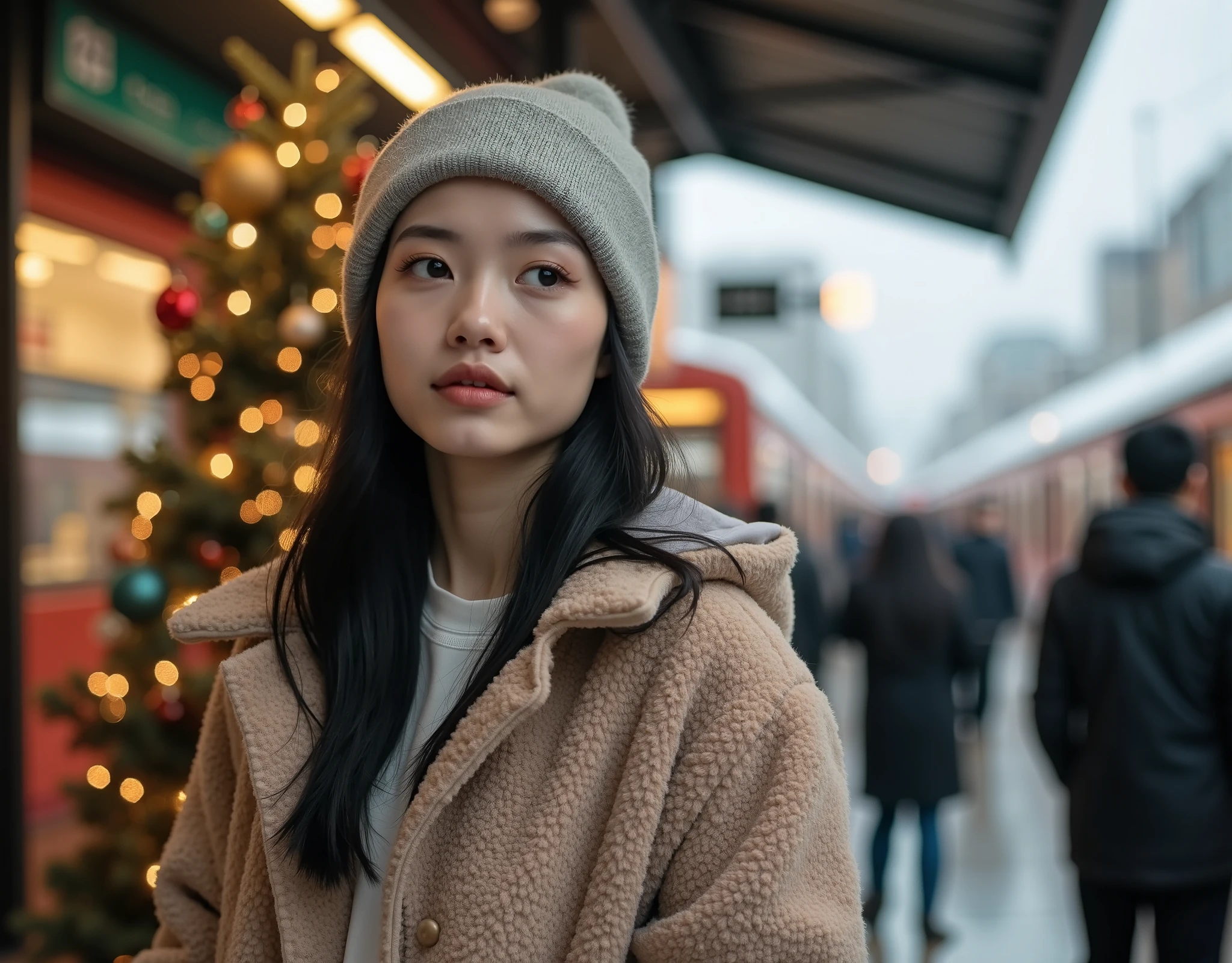 rule of third side-view photo; magazine cover photo; a professional photography of a beautiful young blond woman standing in a crowd train station; detailed beautiful face; she is an Asian woman; she smile gently looking at a train run by, she wearing an fleece coat, sweatpants and wool hat; winter season; a decor Christmas pine tree in background; cozy atmosphere; high-key lighting; depth of field; intricate detailed;