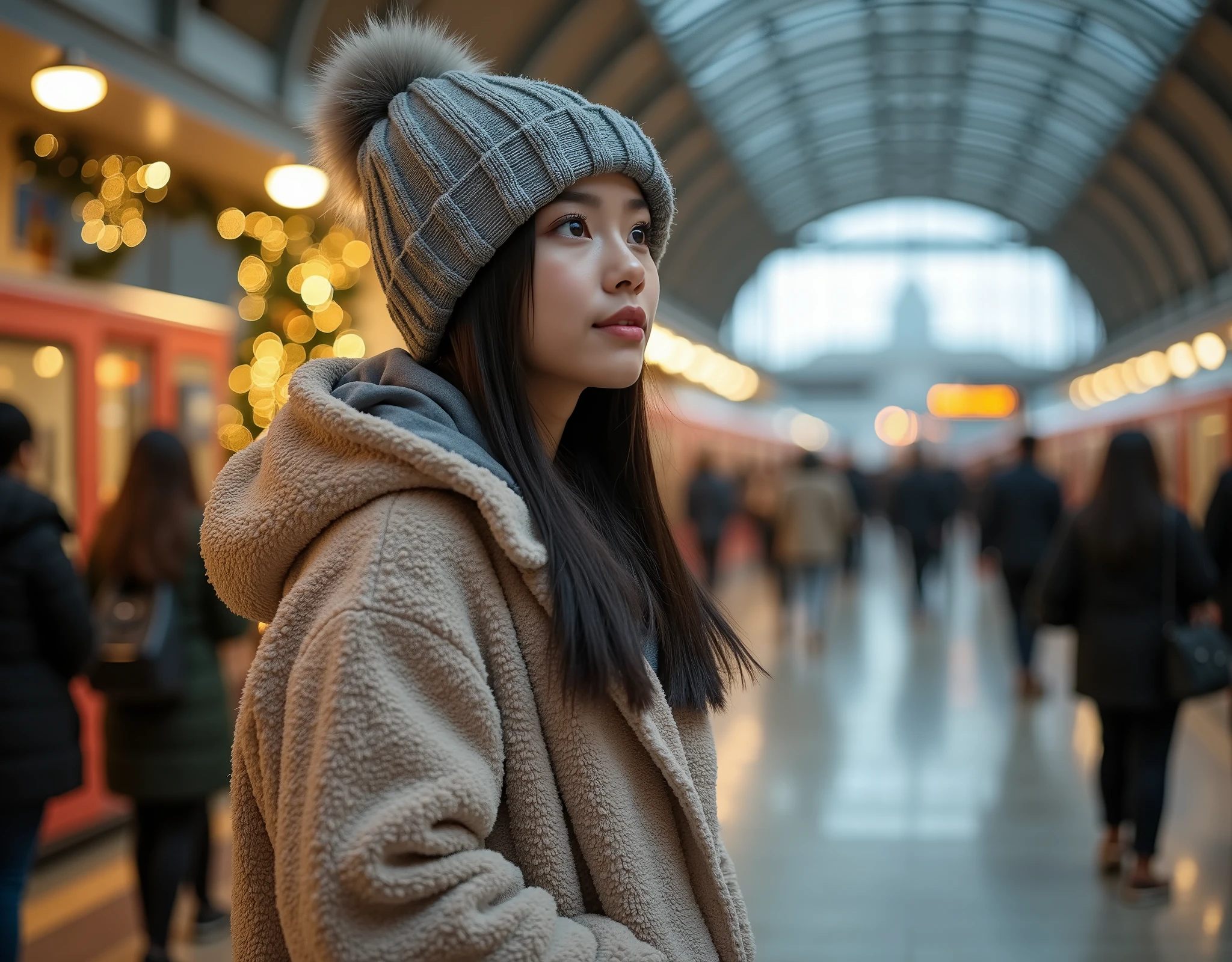 rule of third side-view photo; magazine cover photo; a professional photography of a beautiful young blond woman standing in a crowd train station; detailed beautiful face; she is an Asian woman; she smile gently looking at a train run by, she wearing an fleece coat, sweatpants and wool hat; winter season; a decor Christmas pine tree in background; cozy atmosphere; high-key lighting; depth of field; intricate detailed;