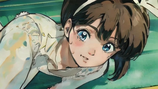 field々Ami Mura,  11 years old, blue eyes, Long Hair, Brown Hair, (Tabletop, Highest quality, Super detailed, 8K, ), ((Perfect hands)), ((Perfect Anatomy)), Medium cleavage, Ruins of concrete、 ((Attractive anime one girl)), ((Capture her mysterious beauty with her white skin, )),Beautiful detailed face、Look at the viewers、((White panties), Spread your legs
