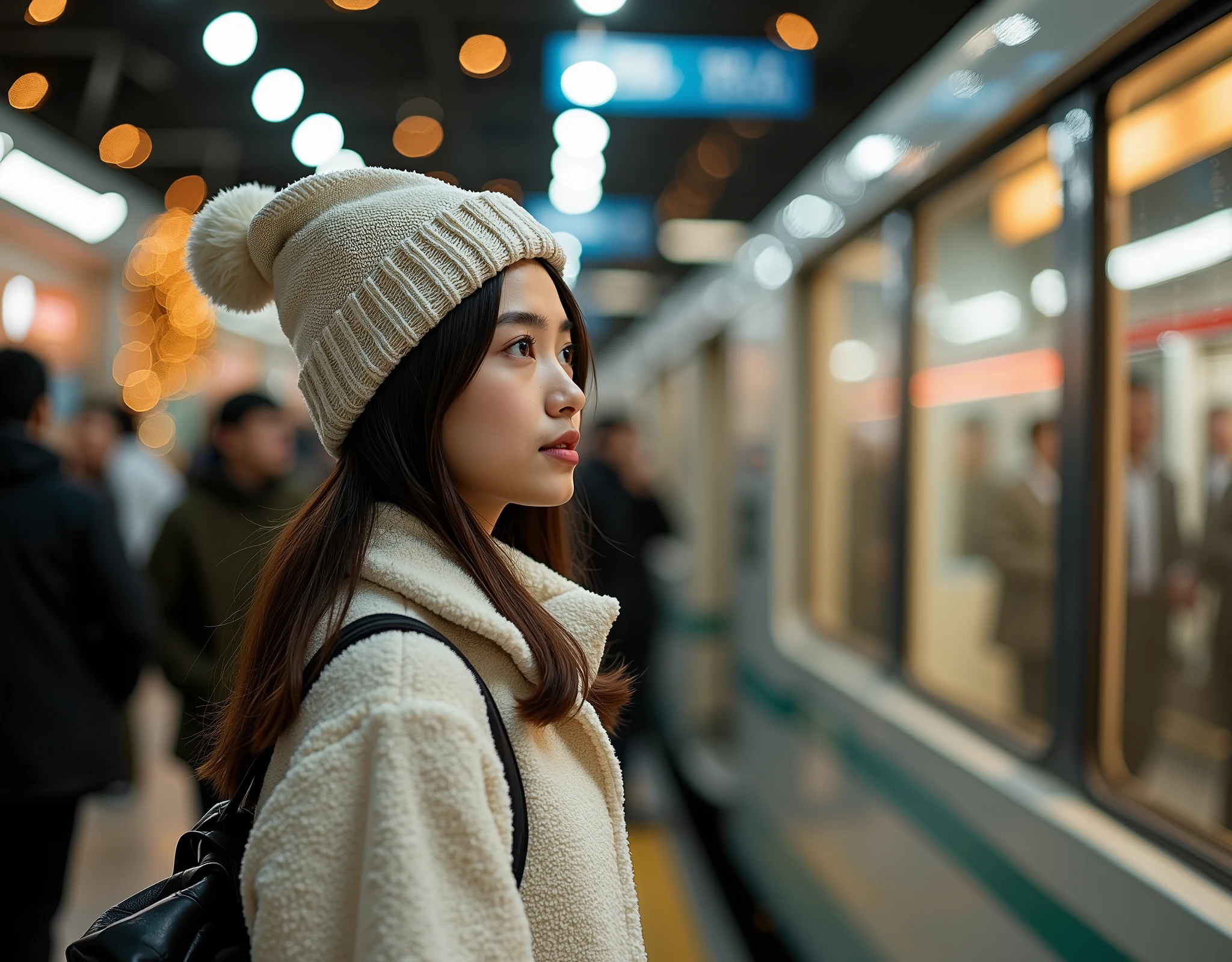 rule of third side-view photo; magazine cover photo; a professional photography of a beautiful young blond woman standing in a crowd train station; detailed beautiful face; she is an Asian woman; she smile gently looking at a train run by, she wearing an fleece coat, sweatpants and wool hat; winter season; a decor Christmas pine tree in background; cozy atmosphere; high-key lighting; depth of field; intricate detailed;