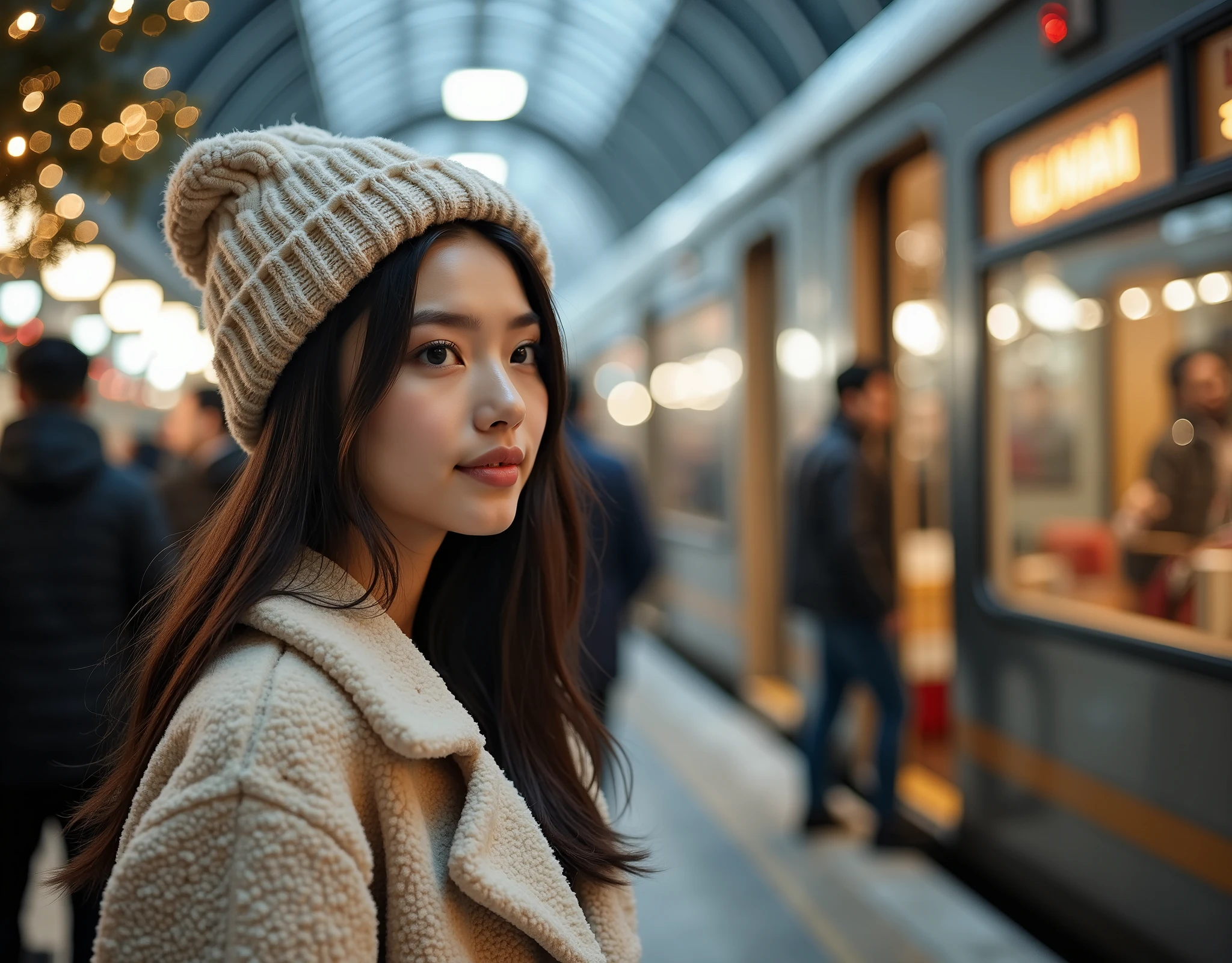 rule of third side-view photo; magazine cover photo; a professional photography of a beautiful young blond woman standing in a crowd train station; detailed beautiful face; she is an Asian woman; she smile gently looking at a train run by, she wearing an fleece coat, sweatpants and wool hat; winter season; a decor Christmas pine tree in background; cozy atmosphere; high-key lighting; depth of field; intricate detailed;