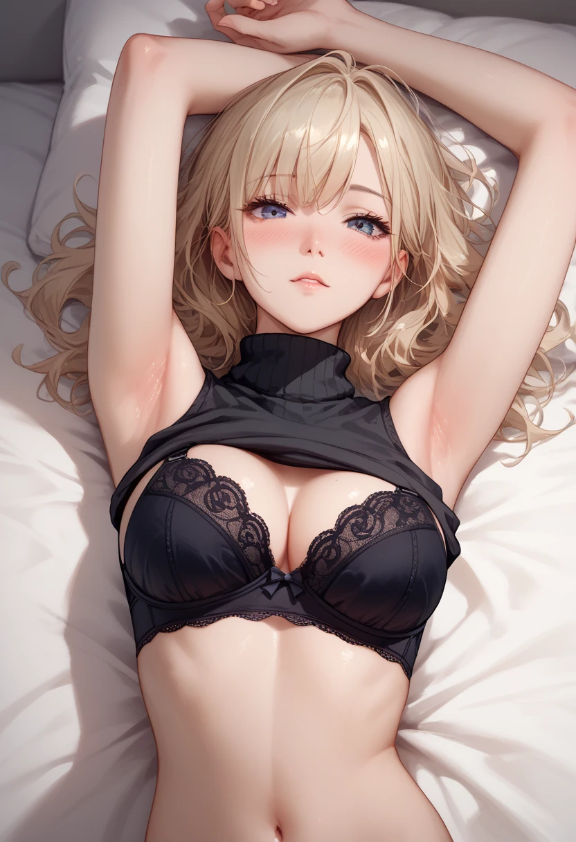 (Best Quality,High resolution,8K,finelity detailed background,Masterpiece:1.2),beautiful girl,Shiny khaki hair,messy hair,khaki eyes,Gentle look,A refreshing look,Best quality,Best Quality,Aesthetic and aesthetic:1.2,Best details((Super detailed))(High-definition CG illustrations),Black underwear (black,intricate lace),Slender body,Late Night,Moonlit Night,Bedroom,On the bed,smile,blush,cute,Scrounge,Looking up,Being spoiled,super model,on back,shoot from above