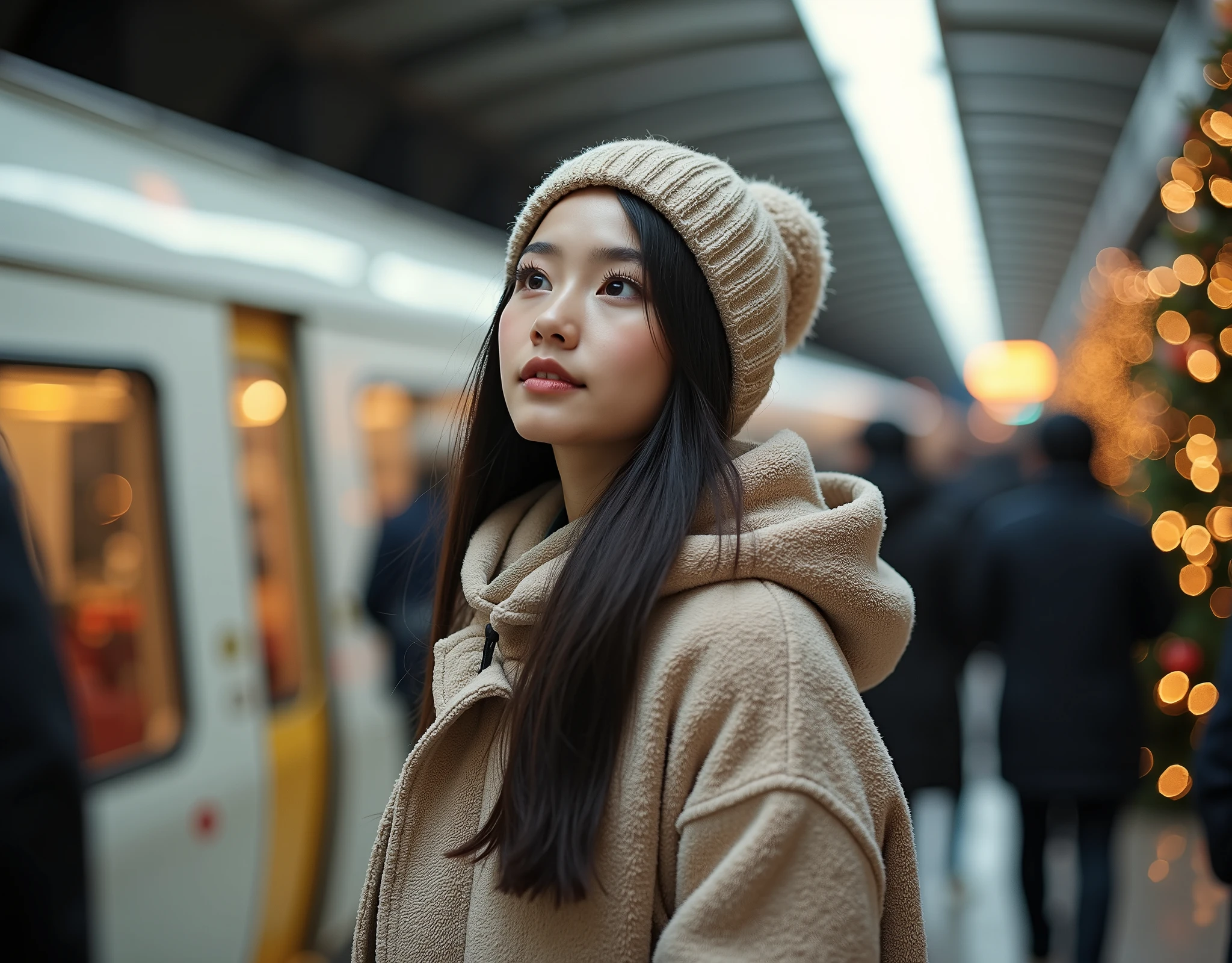 rule of third side-view photo; magazine cover photo; a professional photography of a beautiful young blond woman standing in a crowd train station; detailed beautiful face; she is an Asian woman; she smile gently looking at a train run by, she wearing an fleece coat, sweatpants and wool hat; winter season; a decor Christmas pine tree in background; cozy atmosphere; high-key lighting; depth of field; intricate detailed;