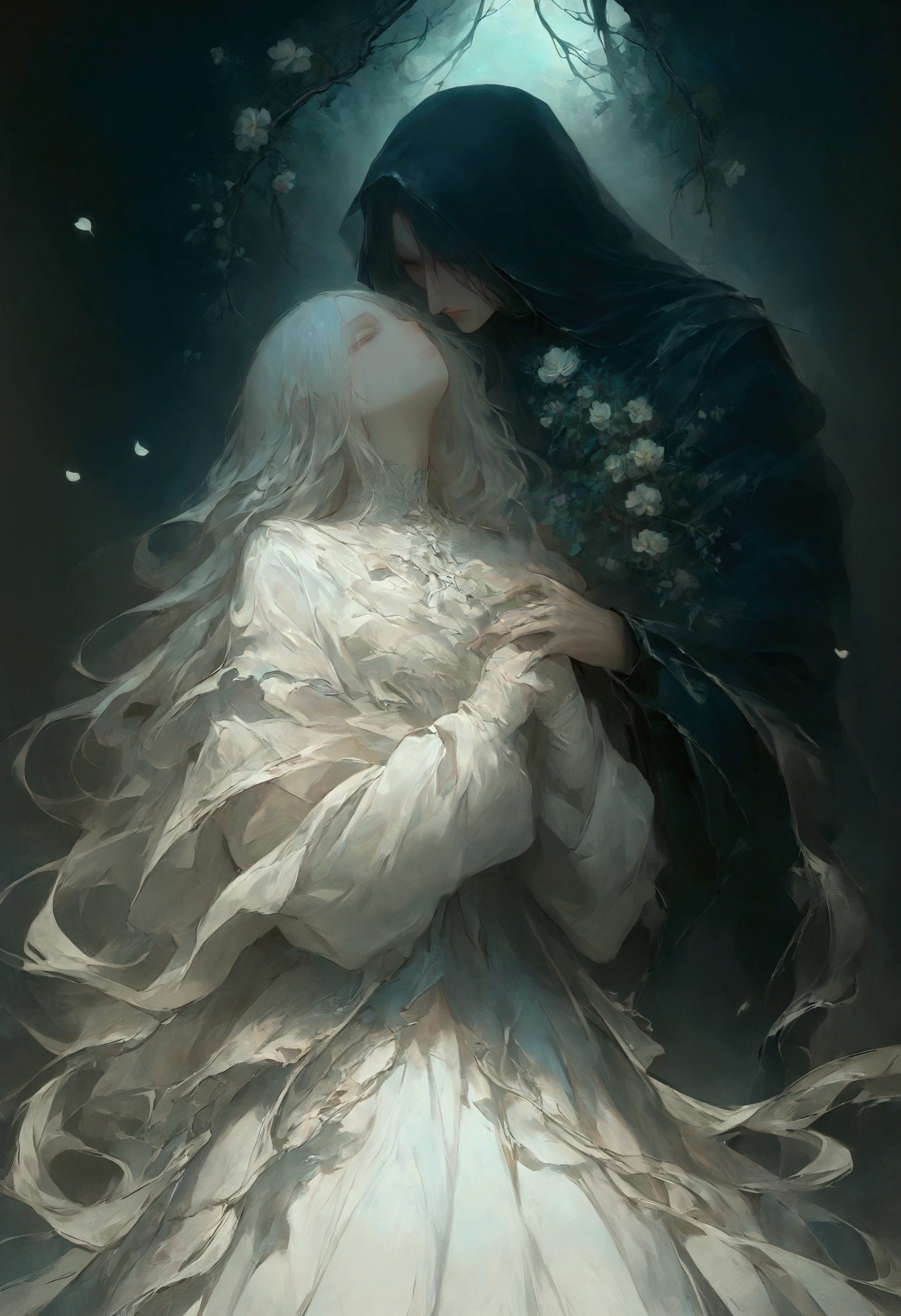 illustration, best quality, highly detailed, surreal and intimate atmosphere, 1girl, 1boy, close embrace, lips nearly touching, intense and sorrowful expressions, long flowing hair intertwining, torn and tattered clothing, glowing ethereal light, cracked marble floor, overgrown vines, crumbling paradise, floating flower petals, soft shadows, atmosphere of forbidden love and shared trauma, dreamlike and melancholic
