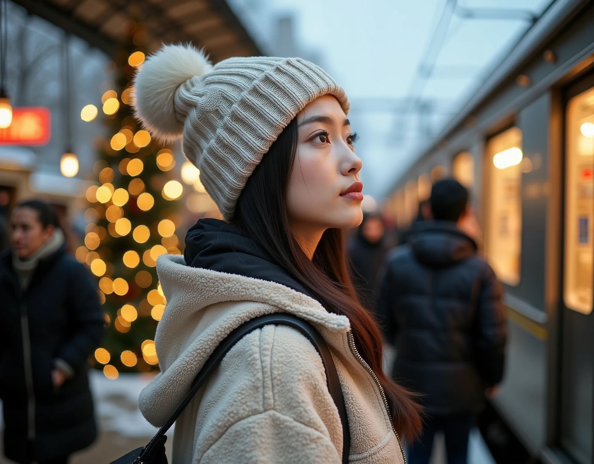 rule of third side-view photo; magazine cover photo; a professional photography of a beautiful young blond woman standing in a crowd train station; detailed beautiful face; she is an Asian woman; she smile gently looking at a train run by, she wearing an fleece coat, sweatpants and wool hat; winter season; a decor Christmas pine tree in background; cozy atmosphere; high-key lighting; depth of field; intricate detailed;