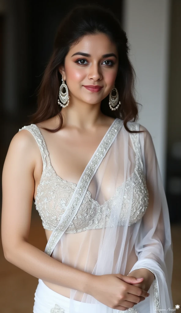 in a white saree where her cleavage and navel are clearly exposive