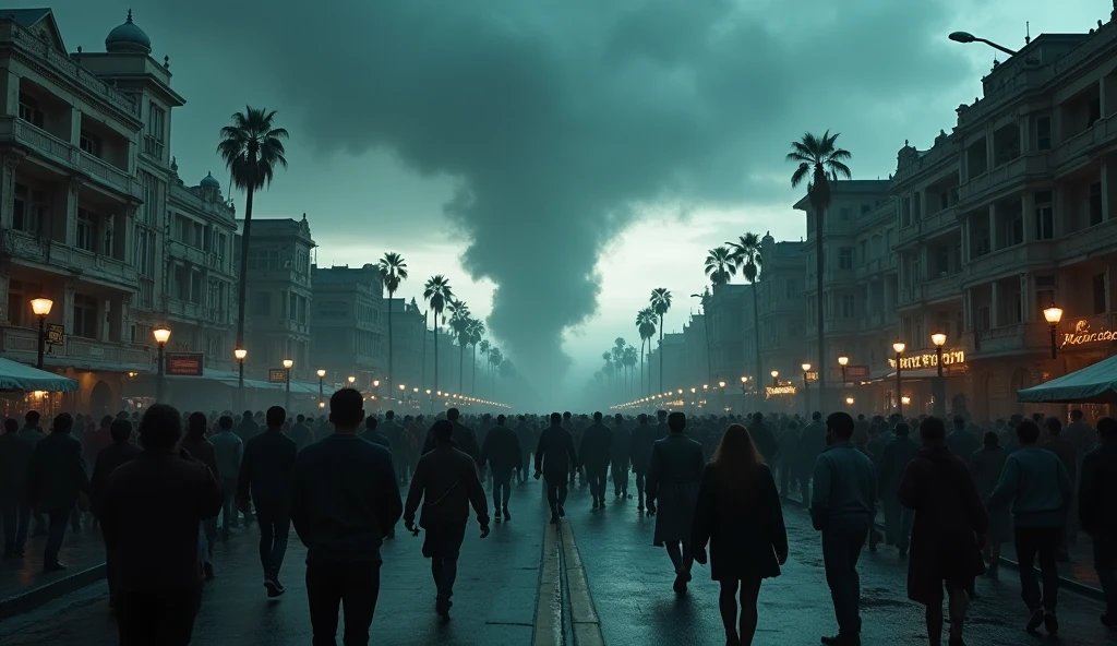 There are many people with a slight mark on their forehead in the dark city, crowd of people, large crowd of people, cidade grande e sombria, unreal engine 5, digital concept art of dystopian, foggy dystopian world, bustling big metropolis, illustration , milhares de pessoas, olhos brilhantes em todos os lugares