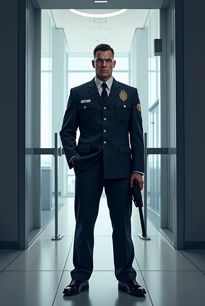 1 middle-aged brunette man dressed as a guard,Surprised and shocked expression(1.2),In the background is a large scientific observatory,There are a lot of big screens,