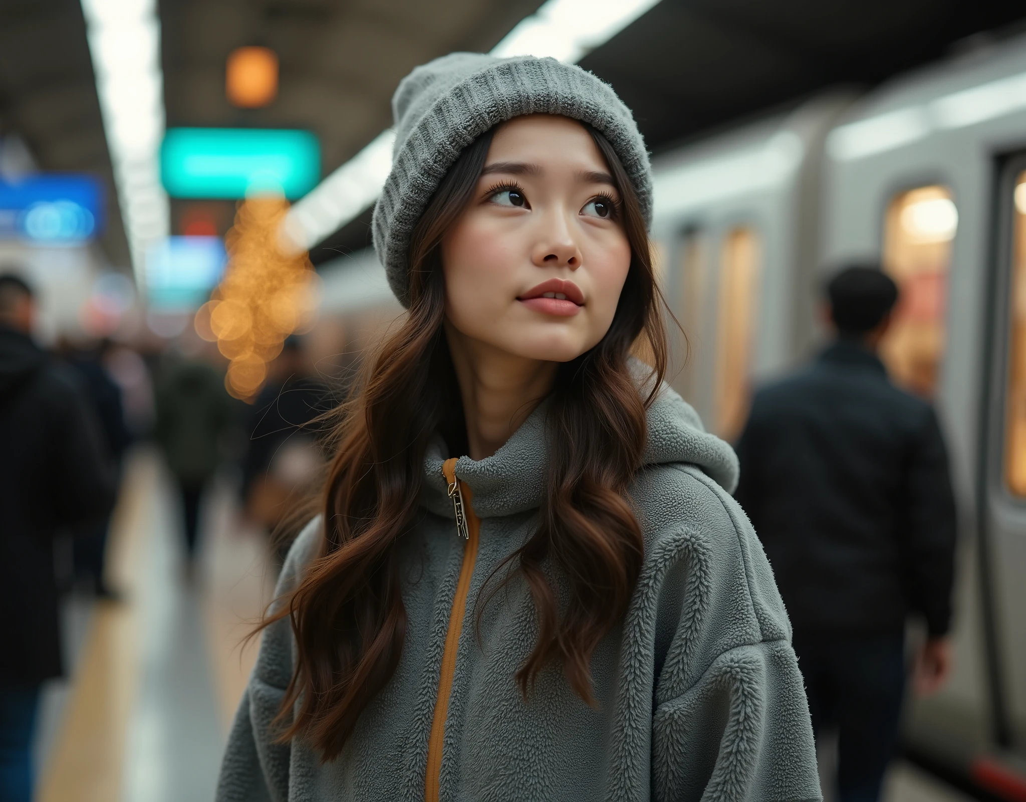 rule of third side-view photo; magazine cover photo; a professional photography of a beautiful young blond woman standing in a crowd train station; detailed beautiful face; she is an Asian woman; she smile gently looking at a train run by, she wearing an fleece coat, sweatpants and wool hat; winter season; a decor Christmas pine tree in background; cozy atmosphere; high-key lighting; depth of field; intricate detailed;