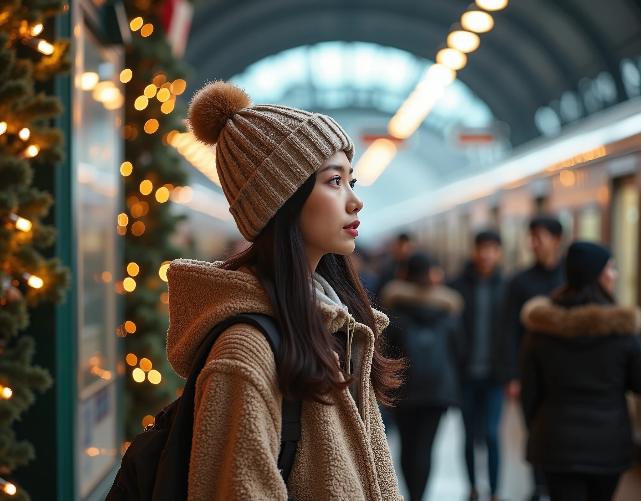 rule of third side-view photo; magazine cover photo; a professional photography of a beautiful young blond woman standing in a crowd train station; detailed beautiful face; she is an Asian woman; she smile gently looking at a train run by, she wearing an fleece coat, sweatpants and wool hat; winter season; a decor Christmas pine tree in background; cozy atmosphere; high-key lighting; depth of field; intricate detailed;