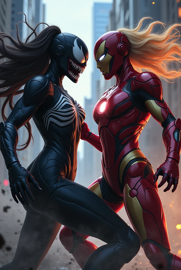 highest quality、A woman fighting Venom、one on one fighting、Beautiful woman with shoulder-length black hair、sharp eyeedium breasts、Fights in a blue bodysuit with red patterns、Dynamic movement、Venom attacks、fighting with women、Collapsed buildings on a moonlit night、despair、dark fantasy