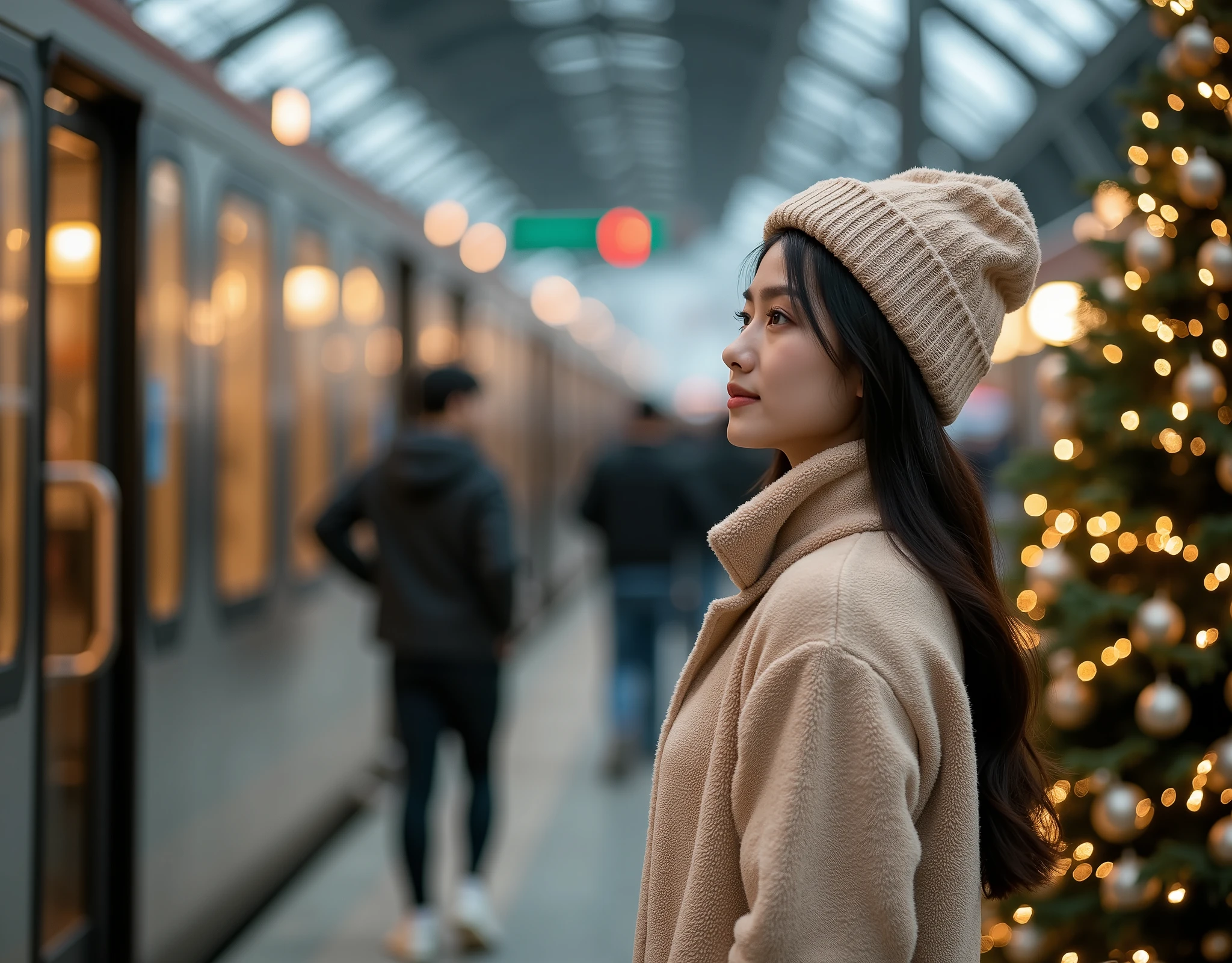 rule of third side-view photo; magazine cover photo; a professional photography of a beautiful young blond woman standing in a crowd train station; detailed beautiful face; she is an Asian woman; she smile gently looking at a train run by, she wearing an fleece coat, sweatpants and wool hat; winter season; a decor Christmas pine tree in background; cozy atmosphere; high-key lighting; depth of field; intricate detailed;