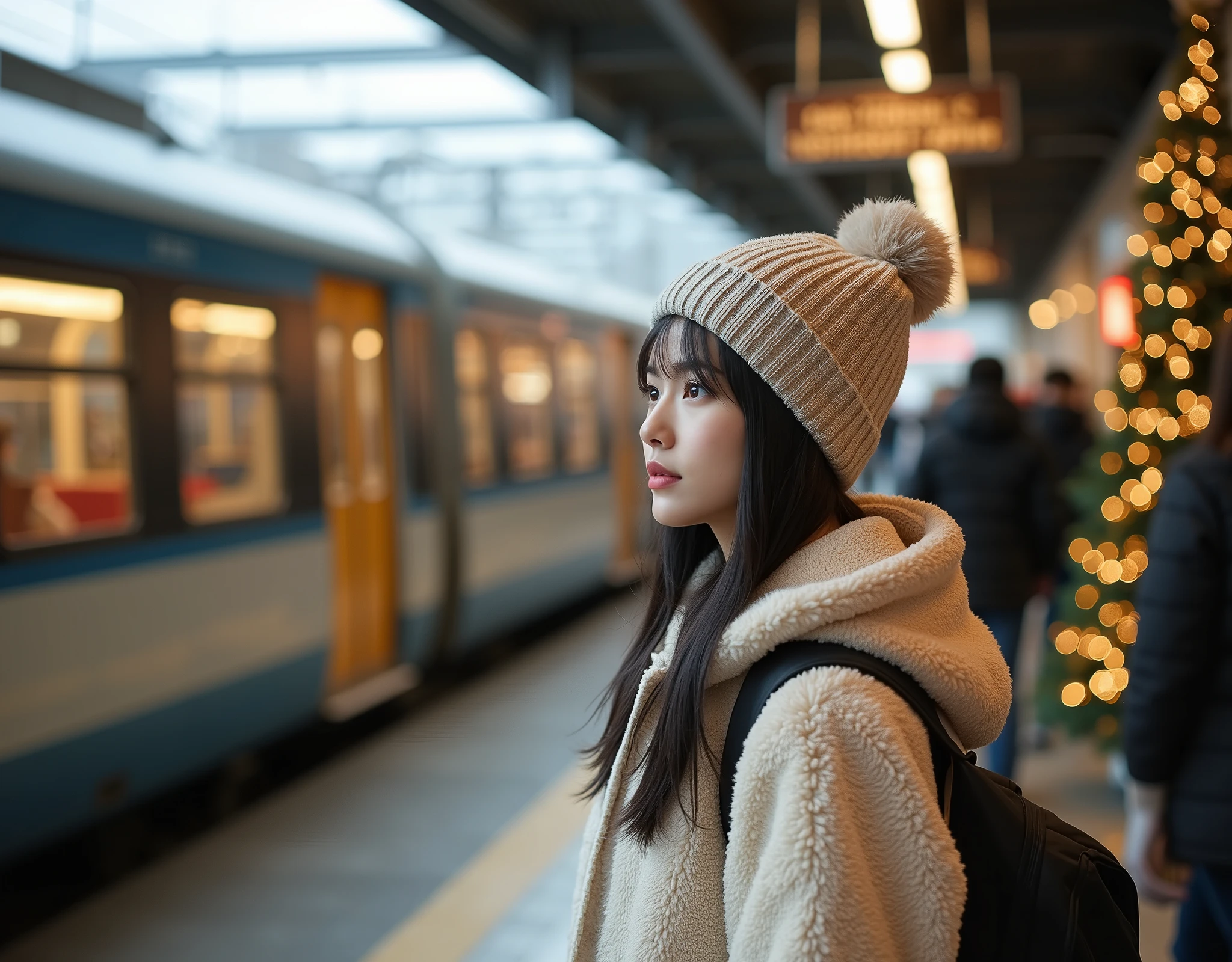 rule of third side-view photo; magazine cover photo; a professional photography of a beautiful young blond woman standing in a crowd train station; detailed beautiful face; she is an Asian woman; she smile gently looking at a train run by, she wearing an fleece coat, sweatpants and wool hat; winter season; a decor Christmas pine tree in background; cozy atmosphere; high-key lighting; depth of field; intricate detailed;