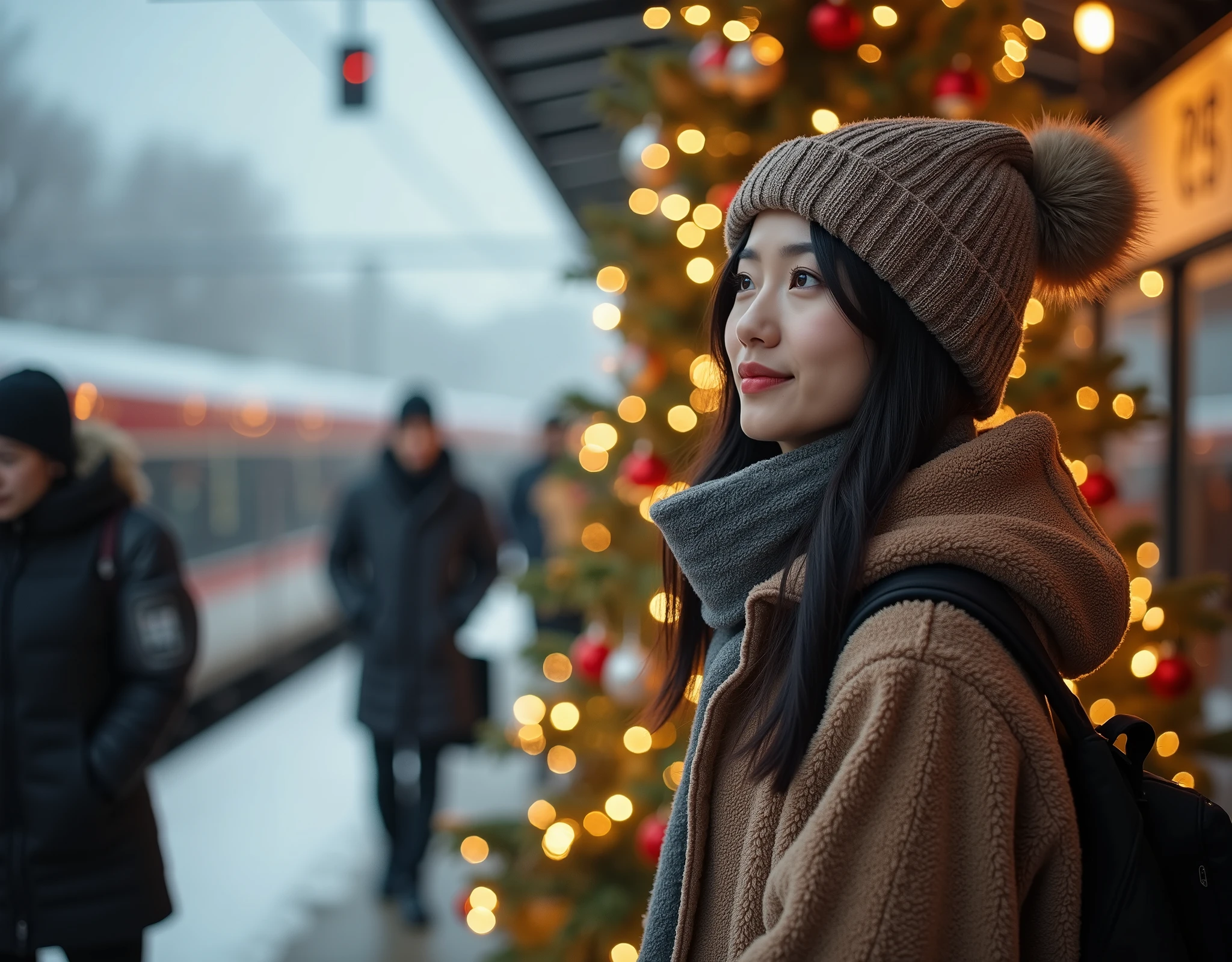 rule of third side-view photo; a professional photography of a beautiful young blond woman standing in a crowd train station; detailed beautiful face; she is an Asian woman; she smile gently looking at a train run by, she wearing an fleece coat, sweatpants and wool hat; winter season; a decor Christmas pine tree in background; cozy atmosphere; high-key lighting; depth of field; bokeh; intricate detailed;