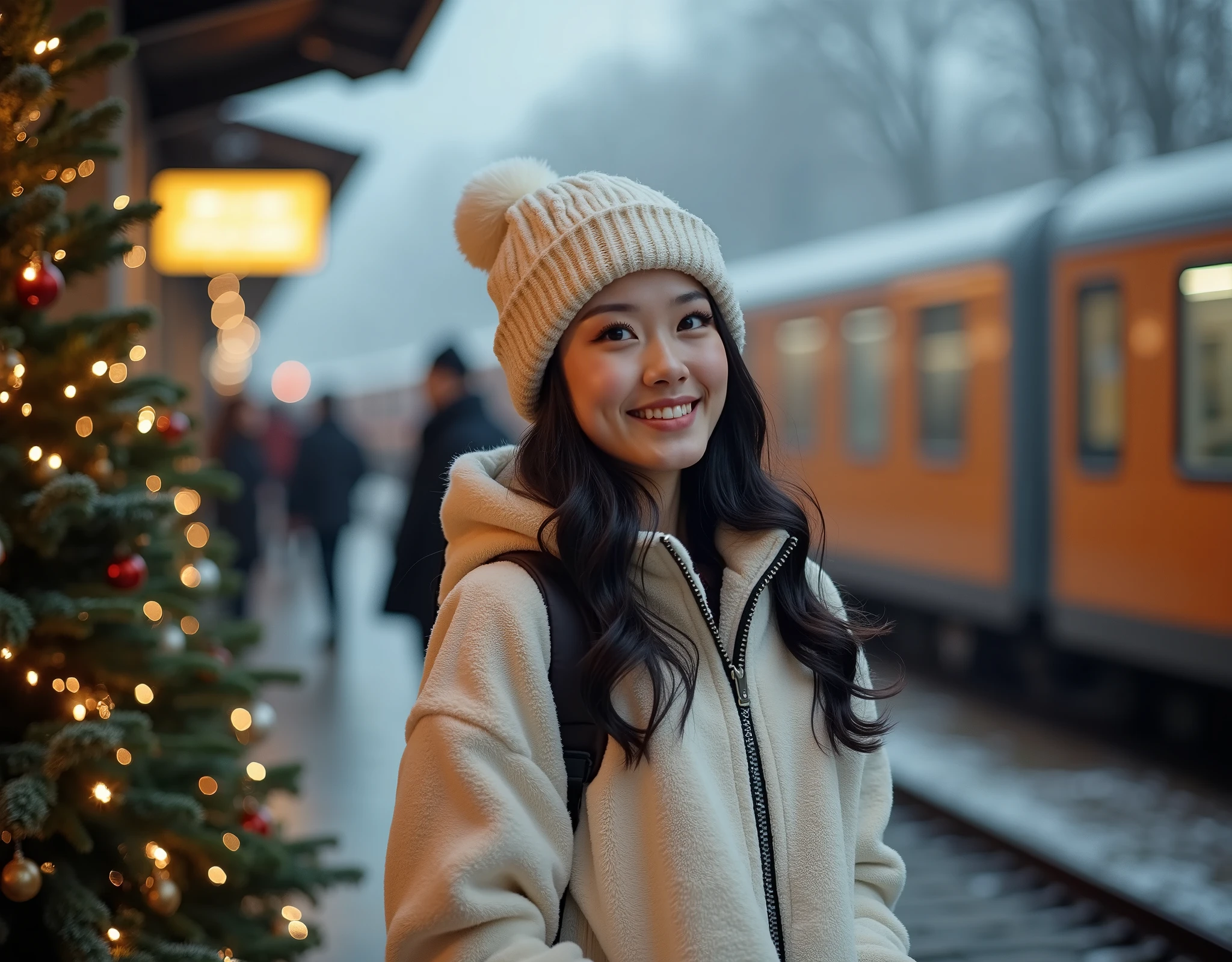 rule of third side-view photo; magazine cover photo; a professional photography of a beautiful young blond woman standing in a crowd train station; detailed beautiful face; she is an Asian woman; she smile gently looking at a train run by, she wearing an fleece coat, sweatpants and wool hat; winter season; a decor Christmas pine tree in background; cozy atmosphere; high-key lighting; depth of field; intricate detailed;