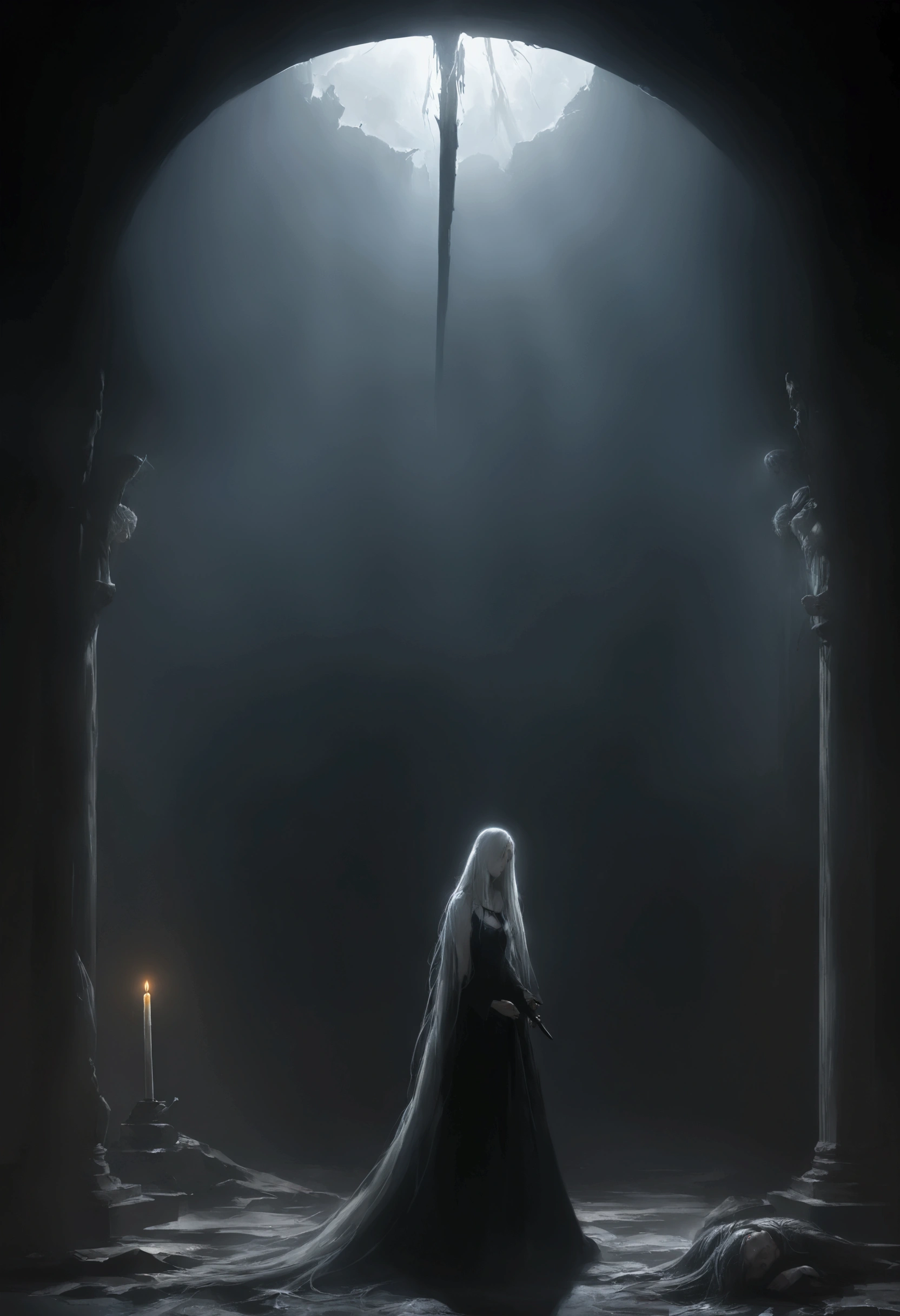 illustration, best quality, highly detailed, dramatic contrast, 1girl, 1boy, sister holding a silver knife ("Ark"), standing over her fallen brother, sorrowful expression, flowing long hair, bloodstained floor, dark gothic architecture, glowing candles, shattered relics, moonlight streaming through cracked windows, ethereal mist, atmosphere of tragedy and betrayal, divine and ominous duality
